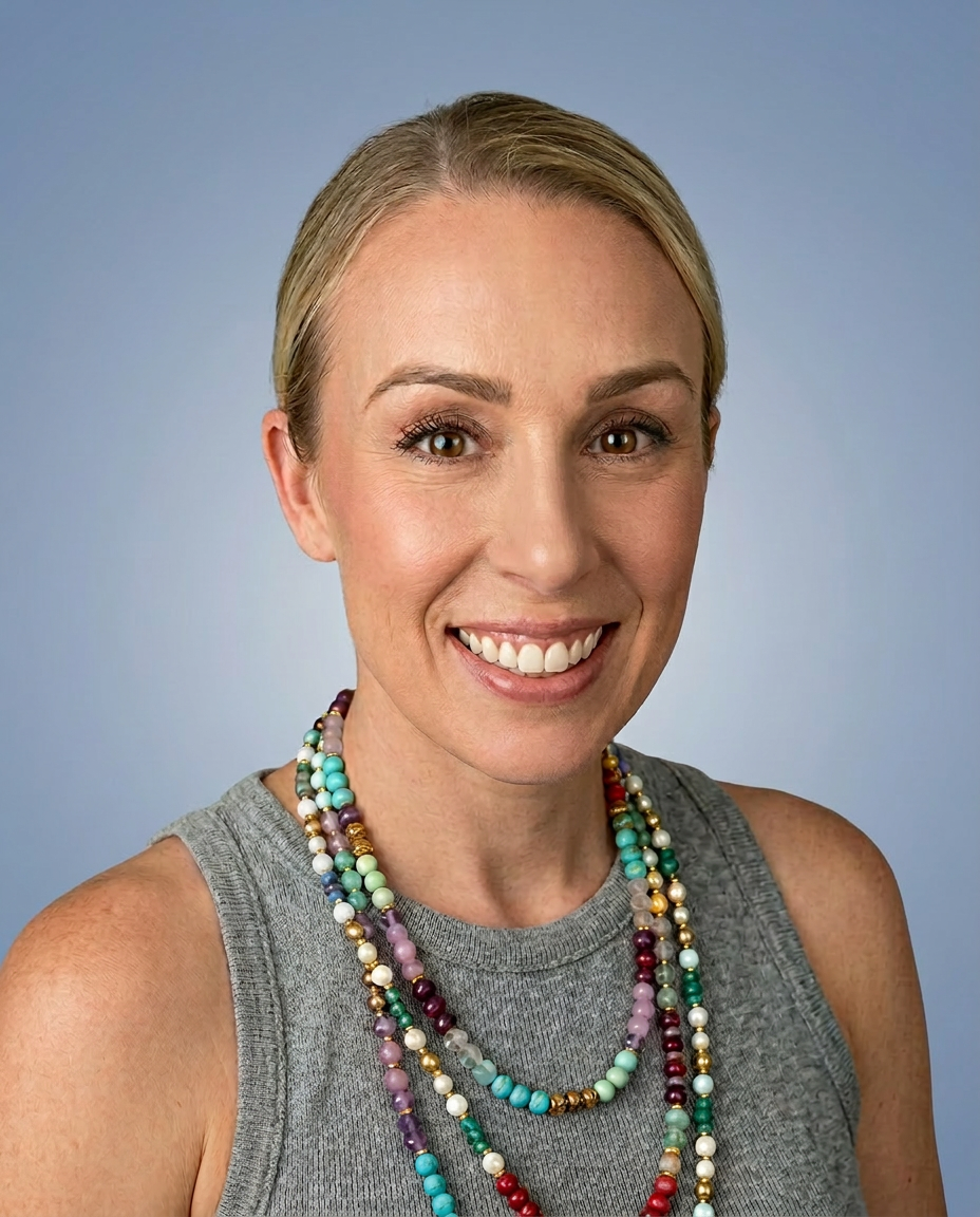 Smiling blonde woman with shoulder-length hair, wearing a gray shirt and layered colorful beaded necklaces, against a smooth blue gradient background