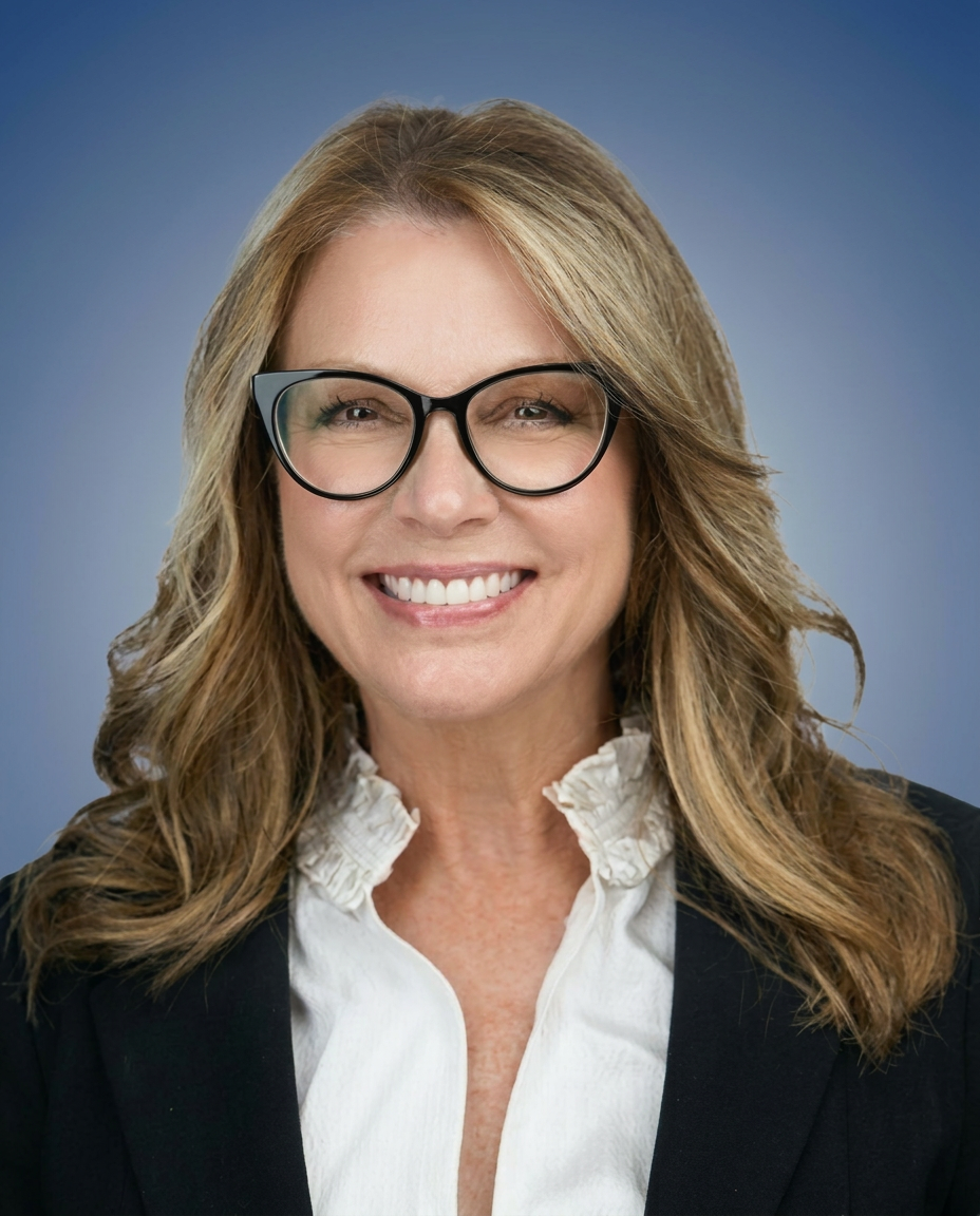 A smiling woman with blonde wavy hair, cat-eye glasses, white collared blouse, and black blazer