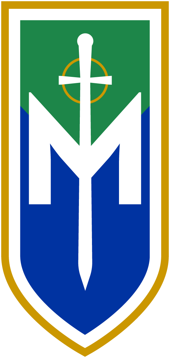 SMA logo insignia with a blue shield shape, featuring a white spear, green background, and gold borders.