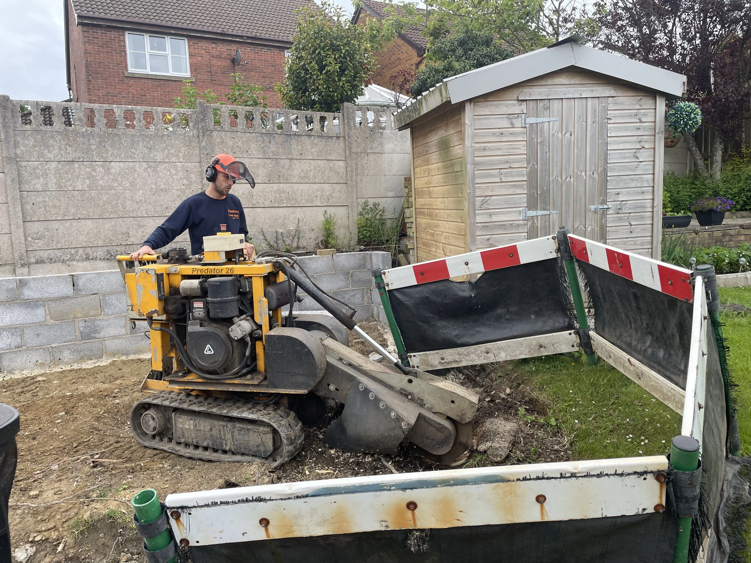 Stump grinding and removal using specialist equipment in a Swansea garden