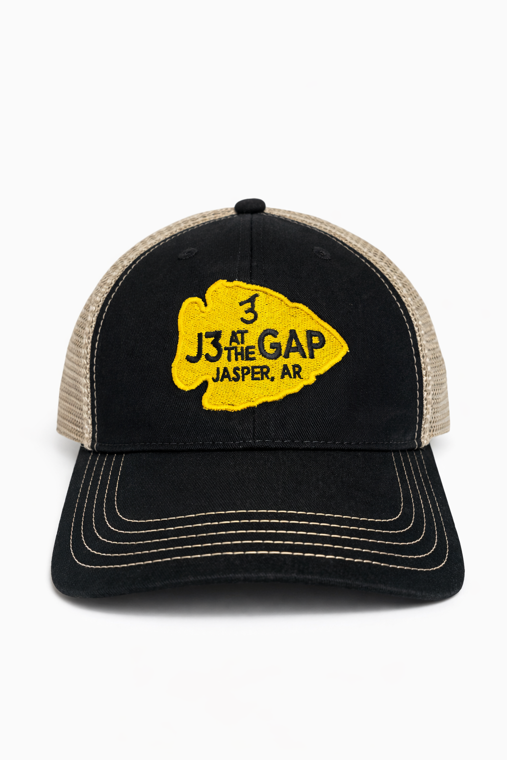 Trucker Hat in Black and Tan with J3 Arrowhead Logo