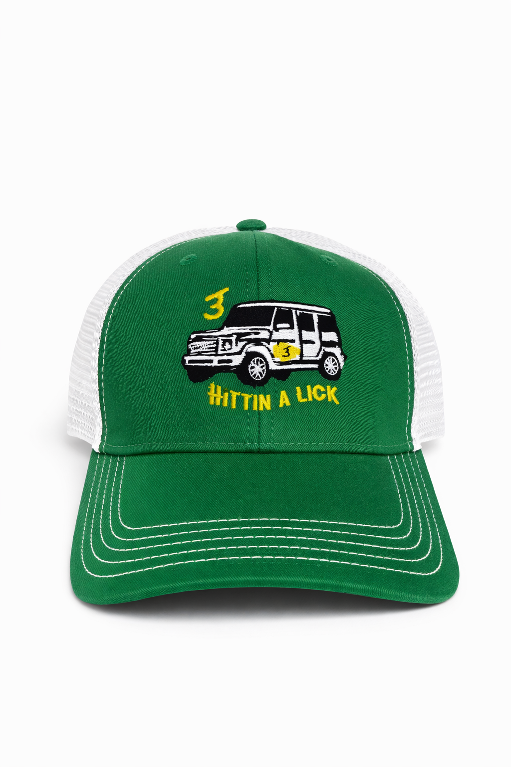 Trucker Hat in Green and White with “Hittin a Lick” G-Wagon Logo