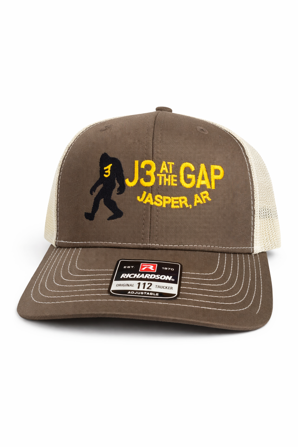 Trucker Hat in Brown and Tan with Sasquatch J3 Logo