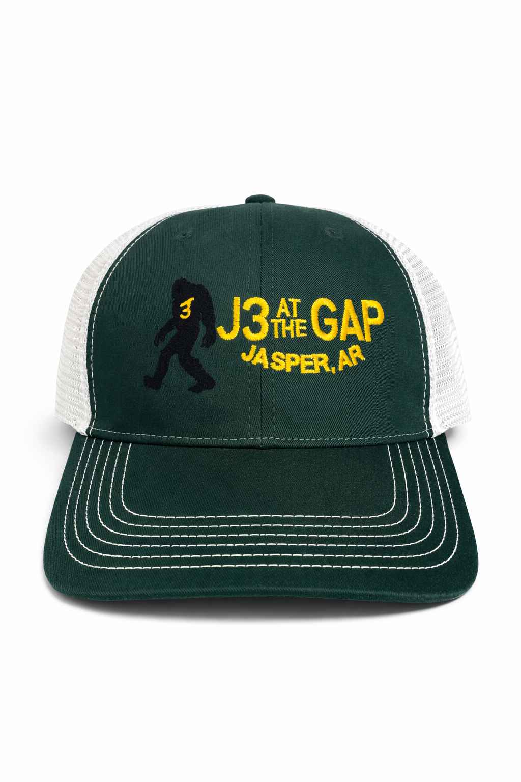 Trucker Hat in Forest Green and White with Sasquatch J3 Logo