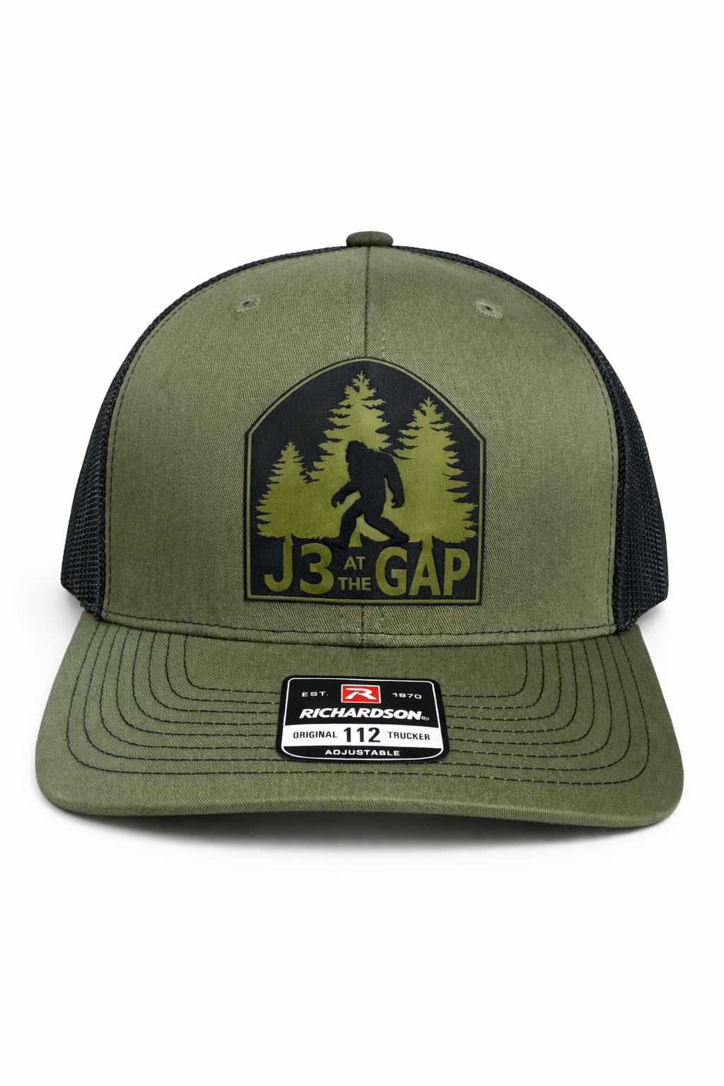 Trucker Hat in Olive and Black with J3 Forest Logo