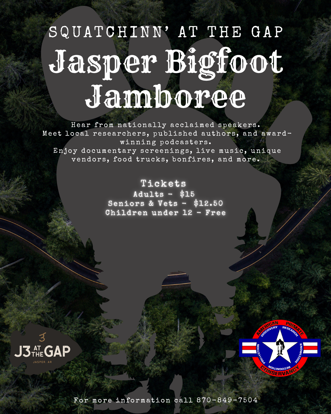 Flyer for Jasper Bigfoot Jamboree in Jasper, Arkansas with a large black silhouette of Bigfoot against an aerial view of a forest and road. Details about event, speakers, entertainment, and ticket pricing are included, along with the event logo and contact information.