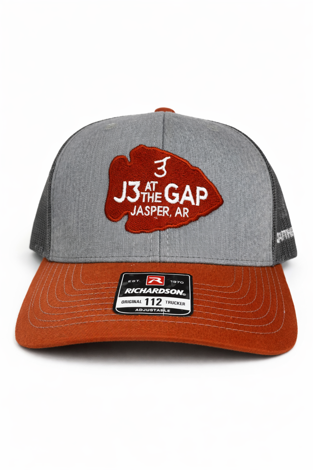 Trucker Hat in Heather Grey and Burnt Orange with J3 Arrowhead Logo