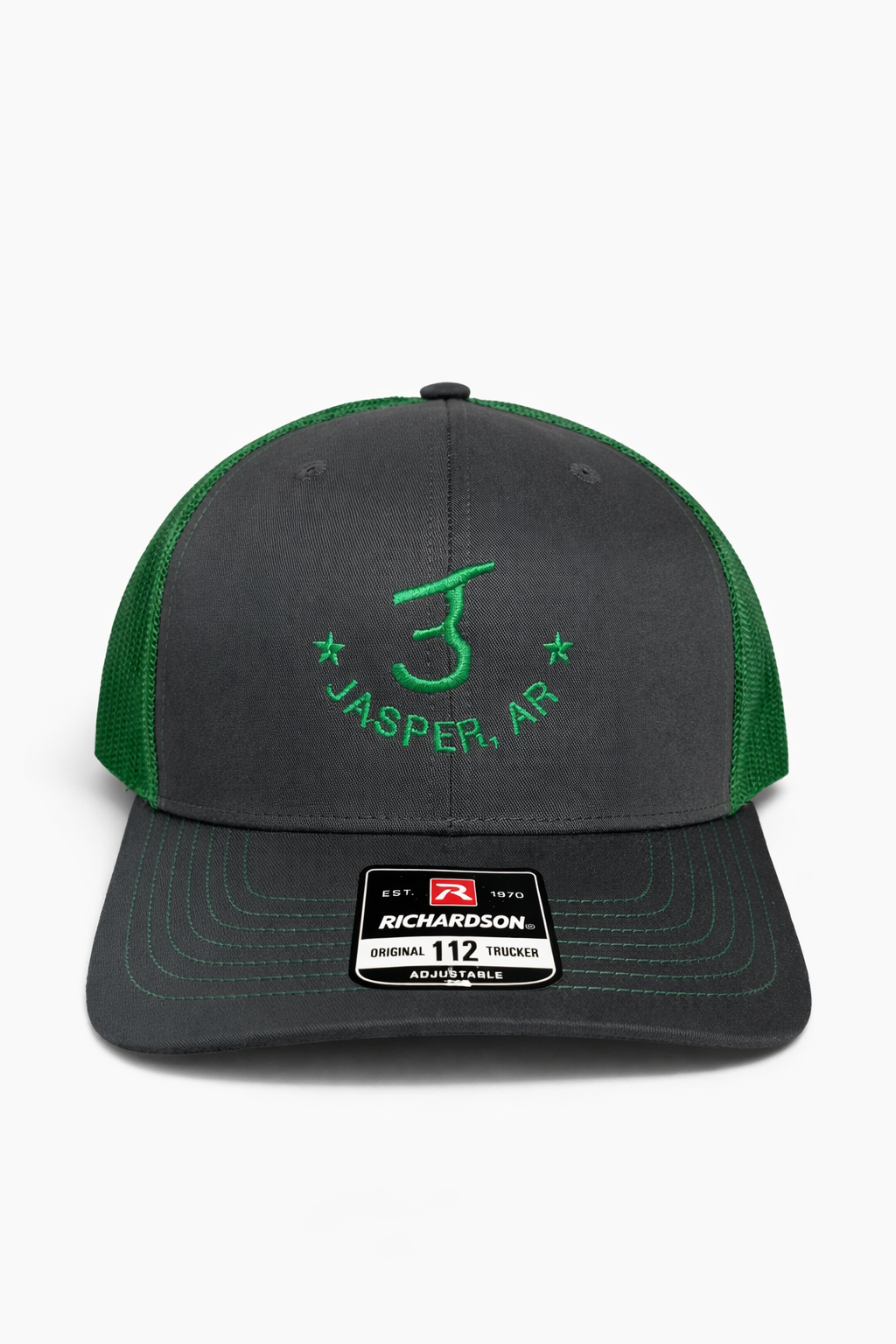 Trucker Hat in Charcoal and Green with J3 Jasper, AR Logo