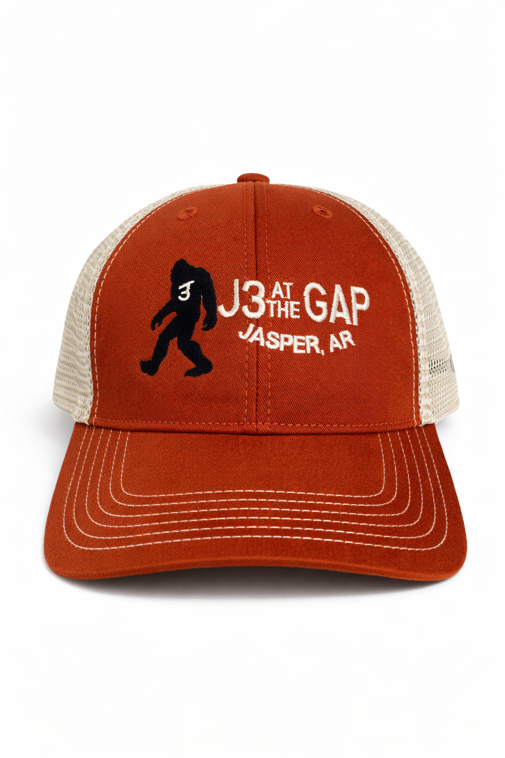 Trucker Hat in Burnt Orange and Tan with Sasquatch J3 Logo
