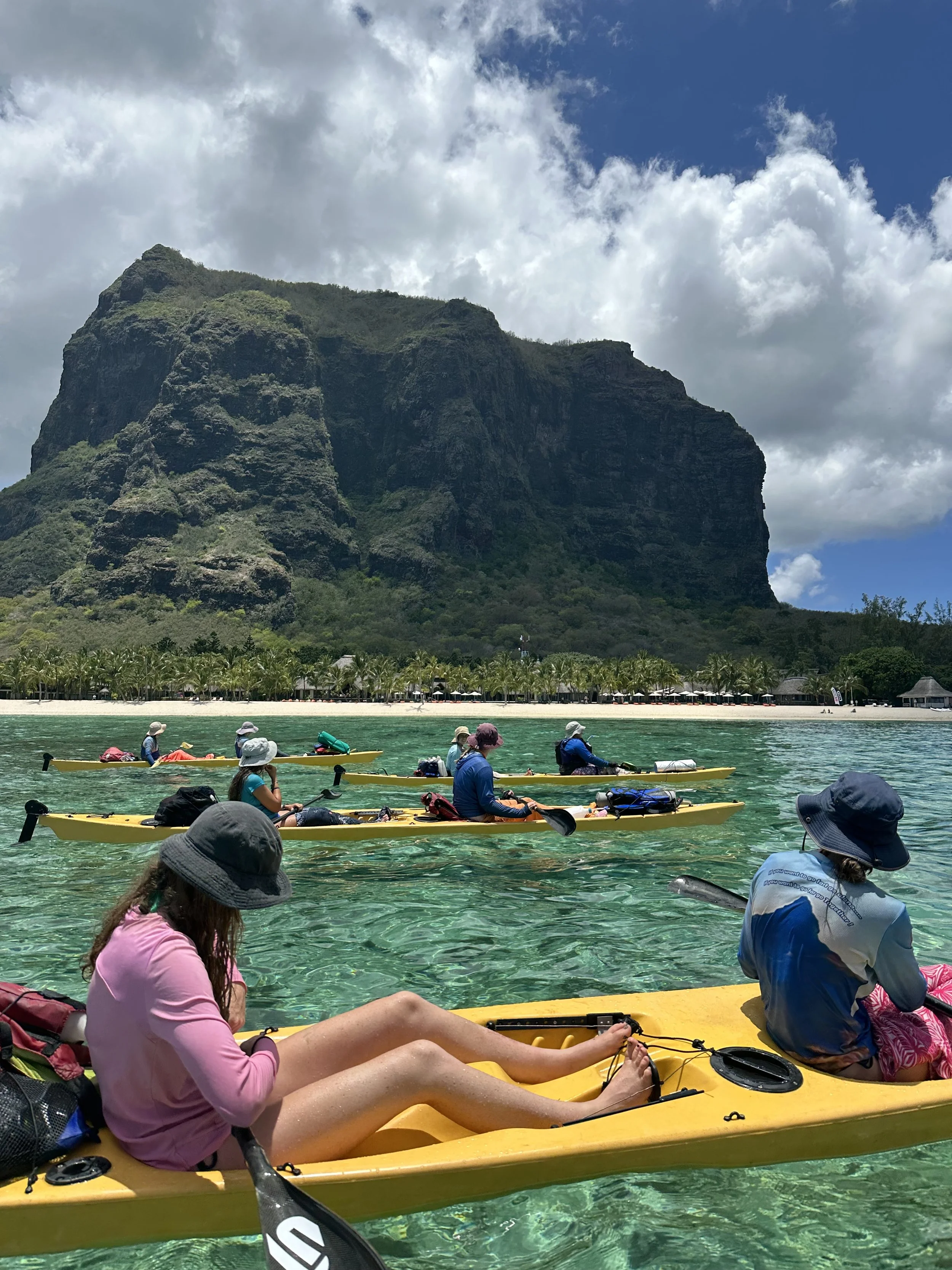 People kayaking in clear water near a beach with a large mountain and some palm trees in the background.