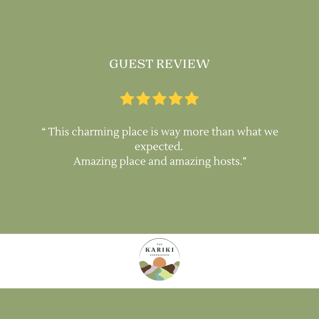 Guest review graphic with five stars on a green background and a positive testimonial, mentioning charm and amazing hosts, with "The Kariki Experience" logo at the bottom.