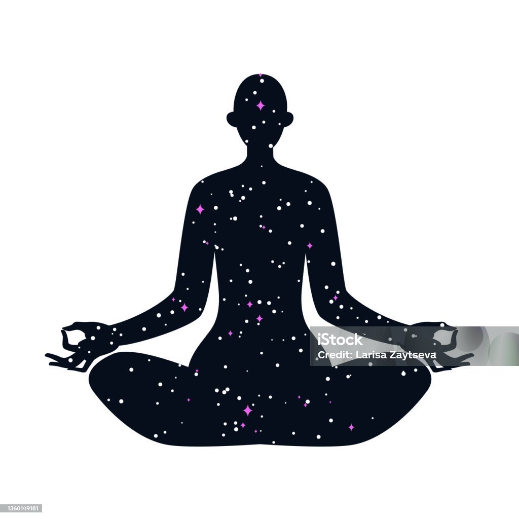 Silhouette of a person in a seated yoga pose with a starry night sky pattern inside, symbolizing meditation and inner peace.