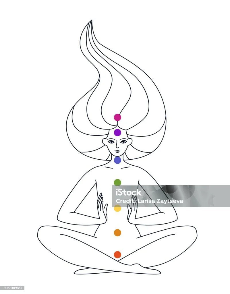 Line drawing of a person in a meditative pose with colored dots along the body's centerline representing chakra points.