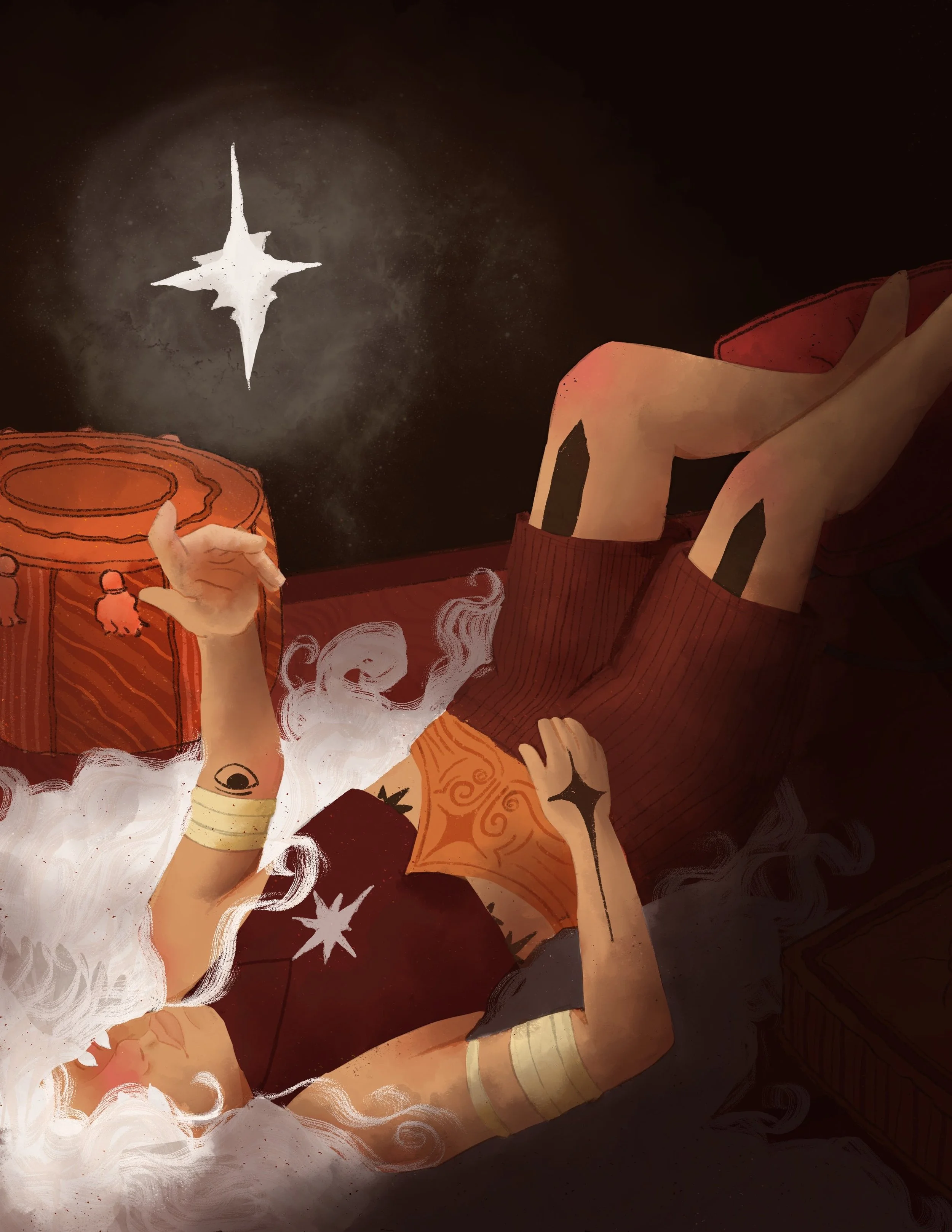 Illustrated character with white hair lying on a swirling smoky surface, pointing towards a glowing star in a dark background, surrounded by ornate patterns and symbols.