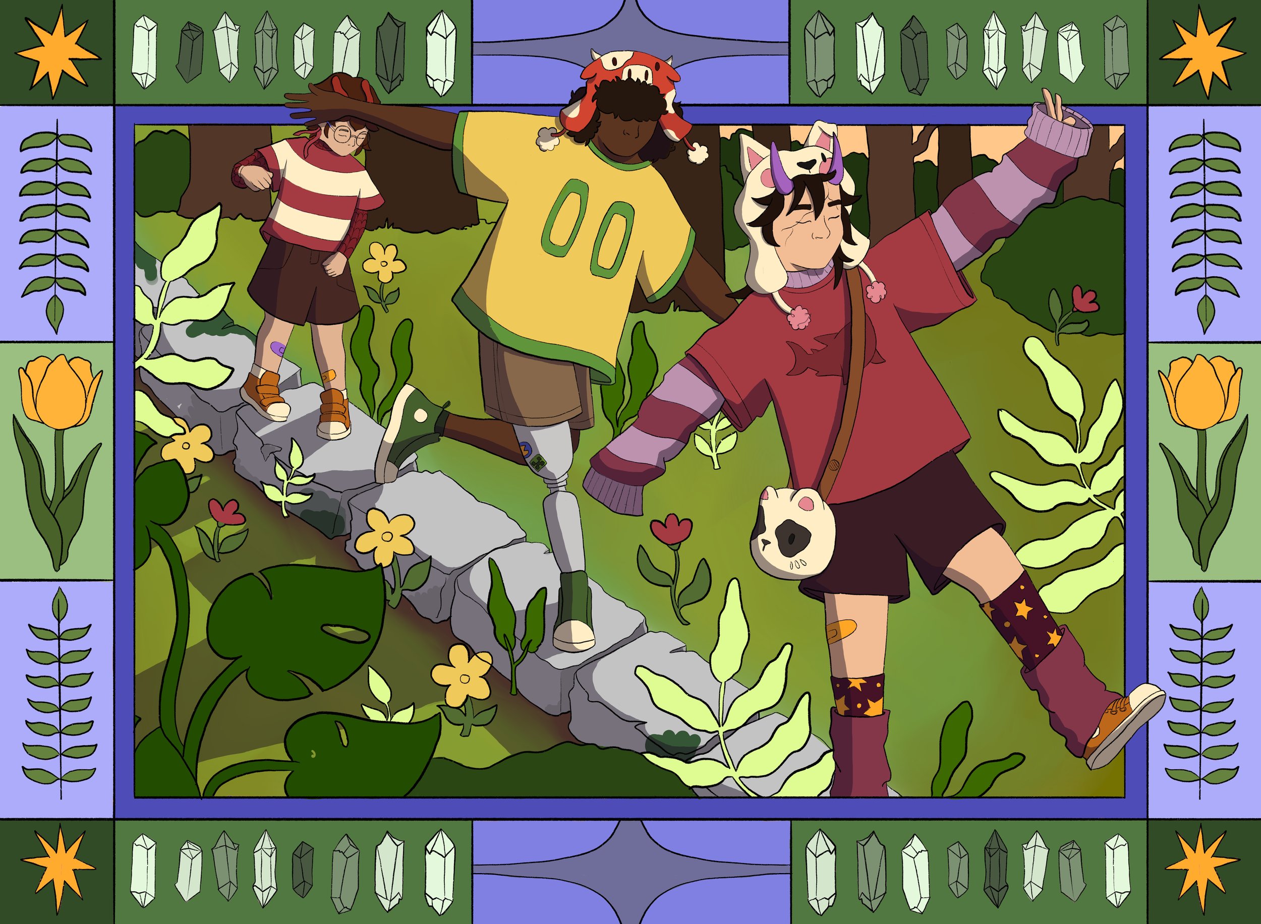 Three animated characters walking on a stone path in a garden, surrounded by colorful flowers and large leaves. They wear casual clothing and unique hats. The scene is framed with crystals, stars, and floral designs.