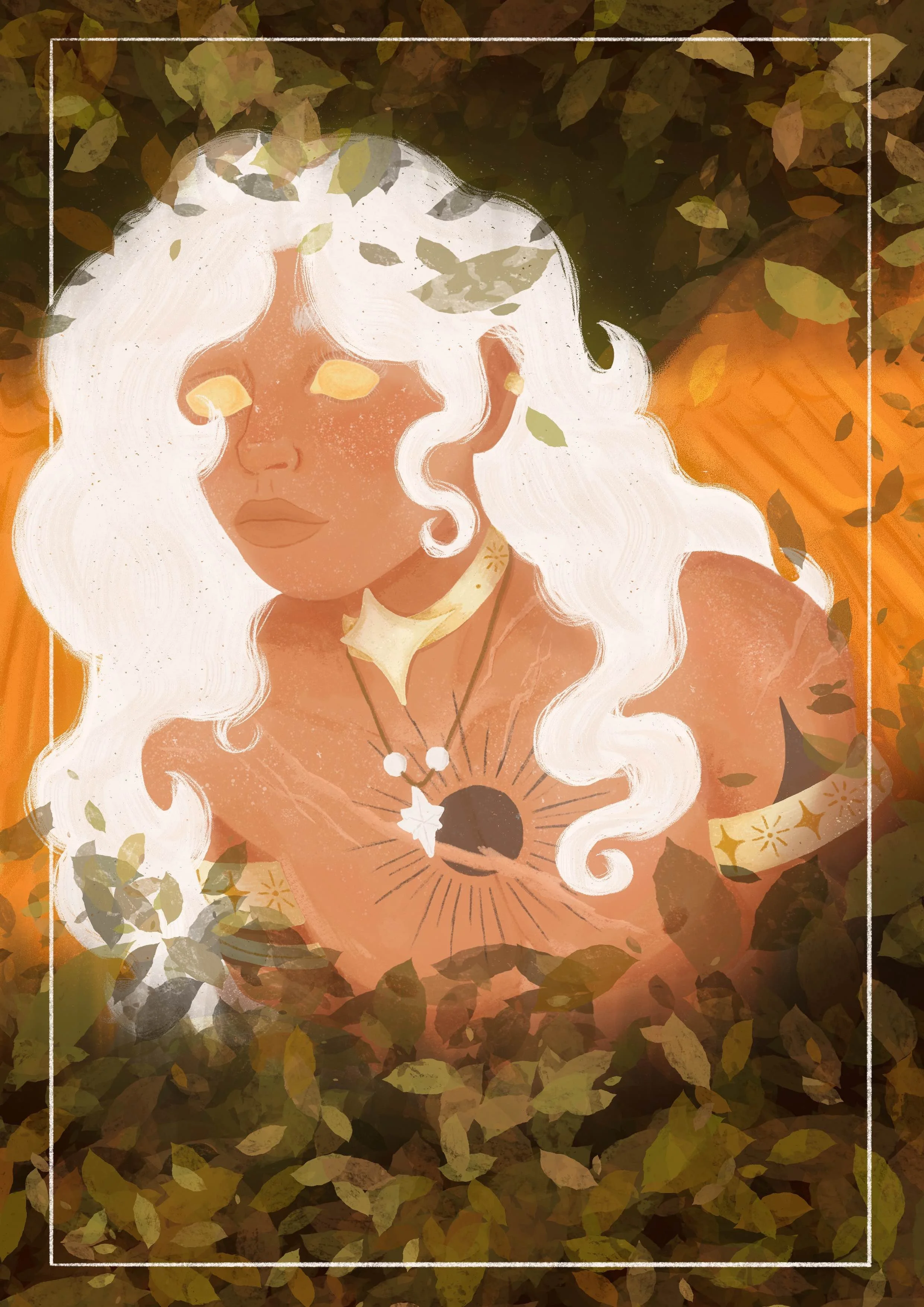 Illustration of a mystical figure with white flowing hair, glowing eyes, and bronze skin, surrounded by leaves. The figure has celestial-themed jewelry, including a necklace with a sun and star motif. Warm, earthy colors dominate the image, giving a 