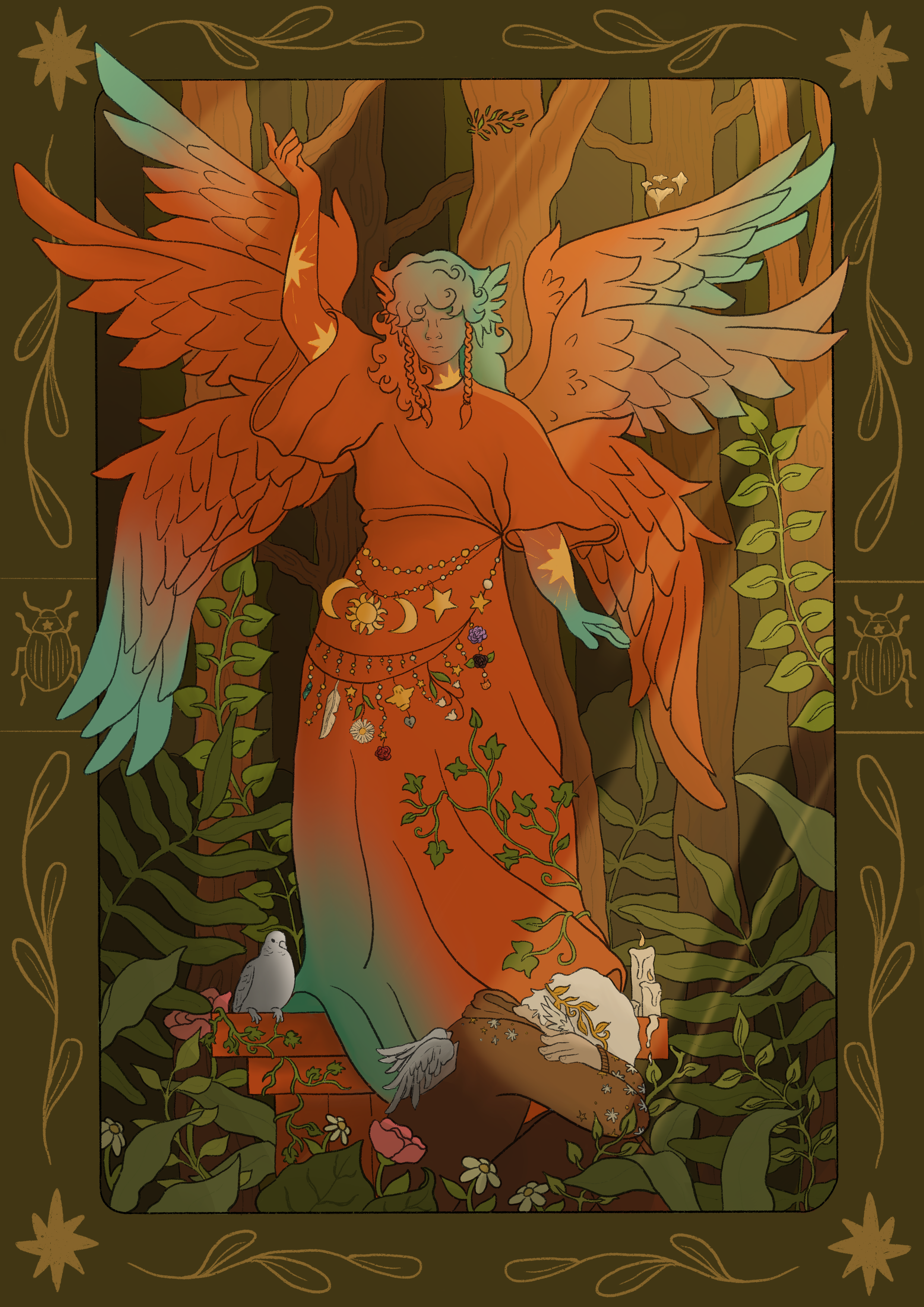 Fantasy illustration of a winged figure with colorful wings, standing in a forest setting adorned with vines and flowers. The figure wears an orange robe with celestial symbols, surrounded by candles and a small bird. The background features trees an