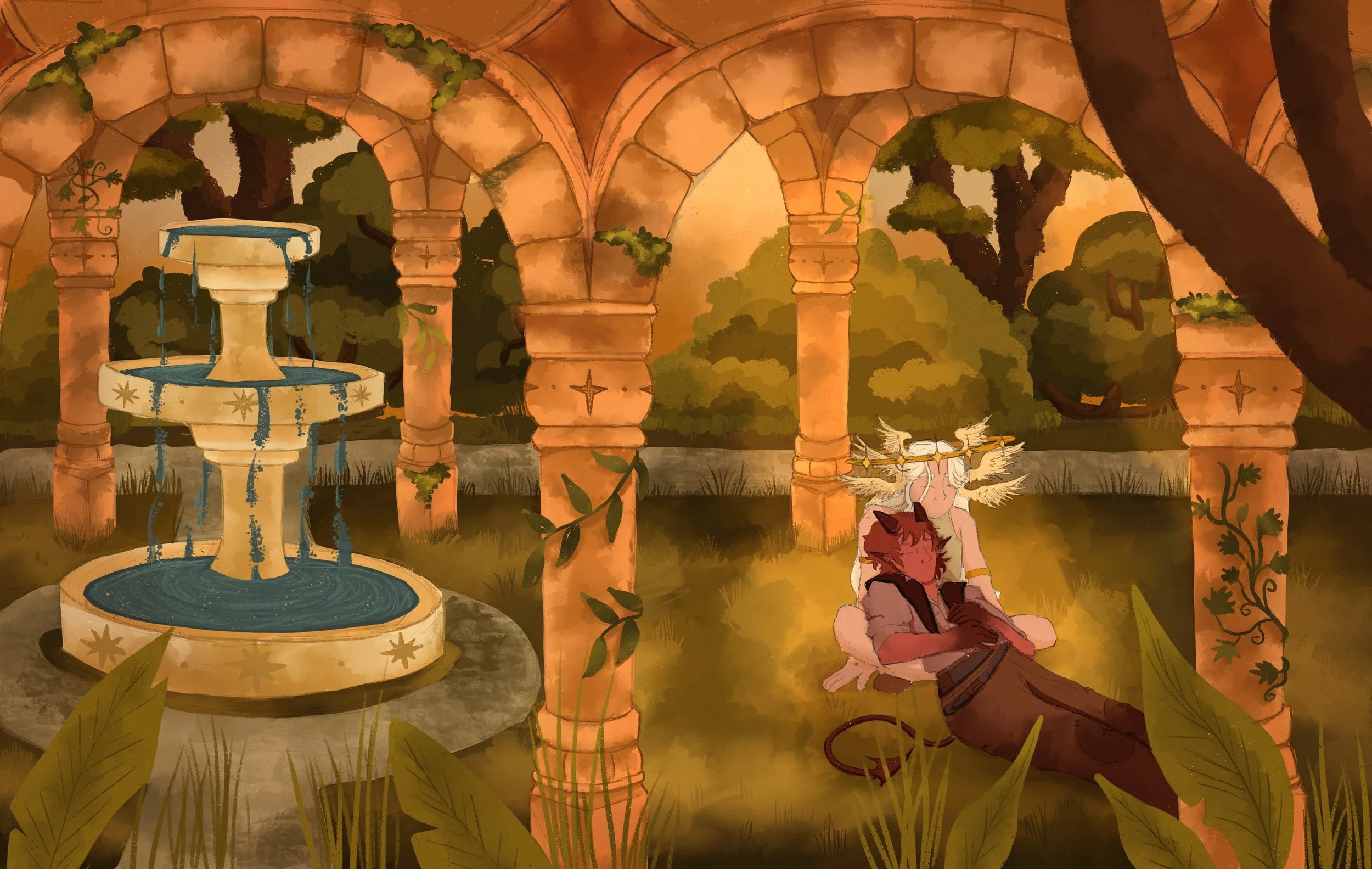 A stylized illustration of a serene garden scene featuring an ornate fountain cascading with water. Two fantasy characters relax under an archway; one character with horns is resting against a second character with wings and a crown. The garden is lu