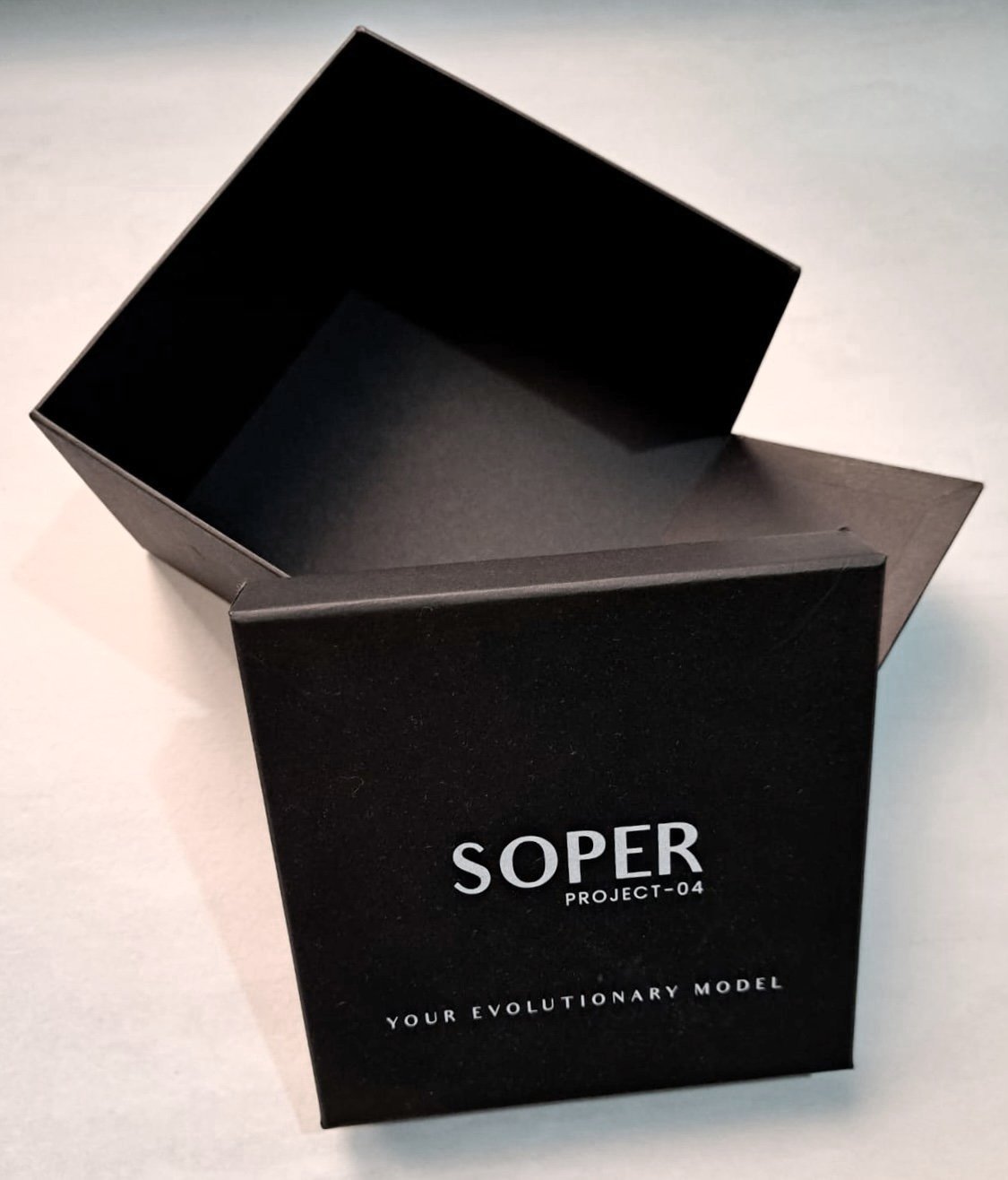 Una scatola nera con il testo 'SOPER PROJECT-04 YOUR EVOLUTIONARY MODEL' e il coperchio aperto