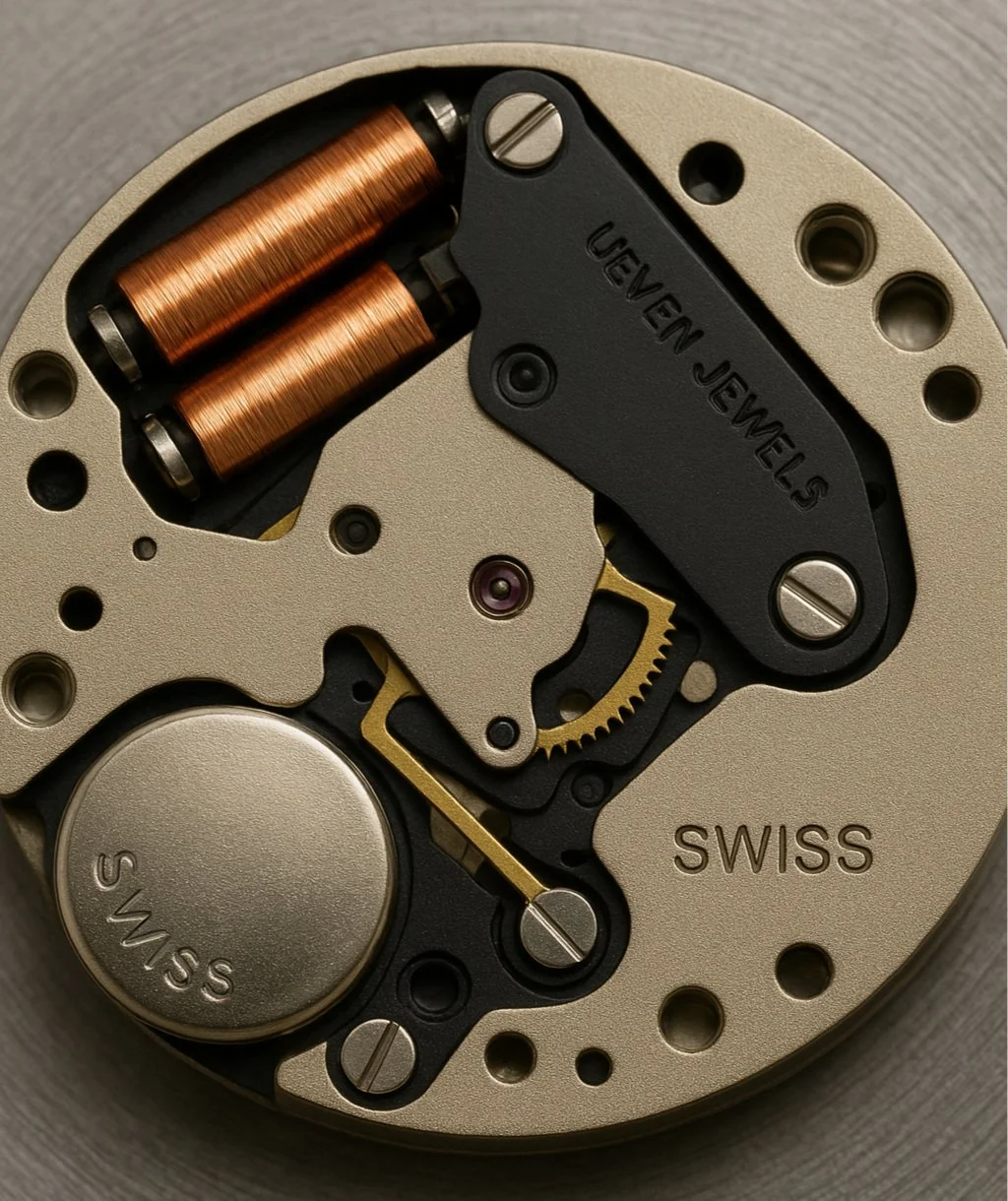 Parti di un movimento di orologio, inclusi bobine di rame, un rotore con 'SWISS', e il nome 'JEVEN NEWELS' su una piastra nera.