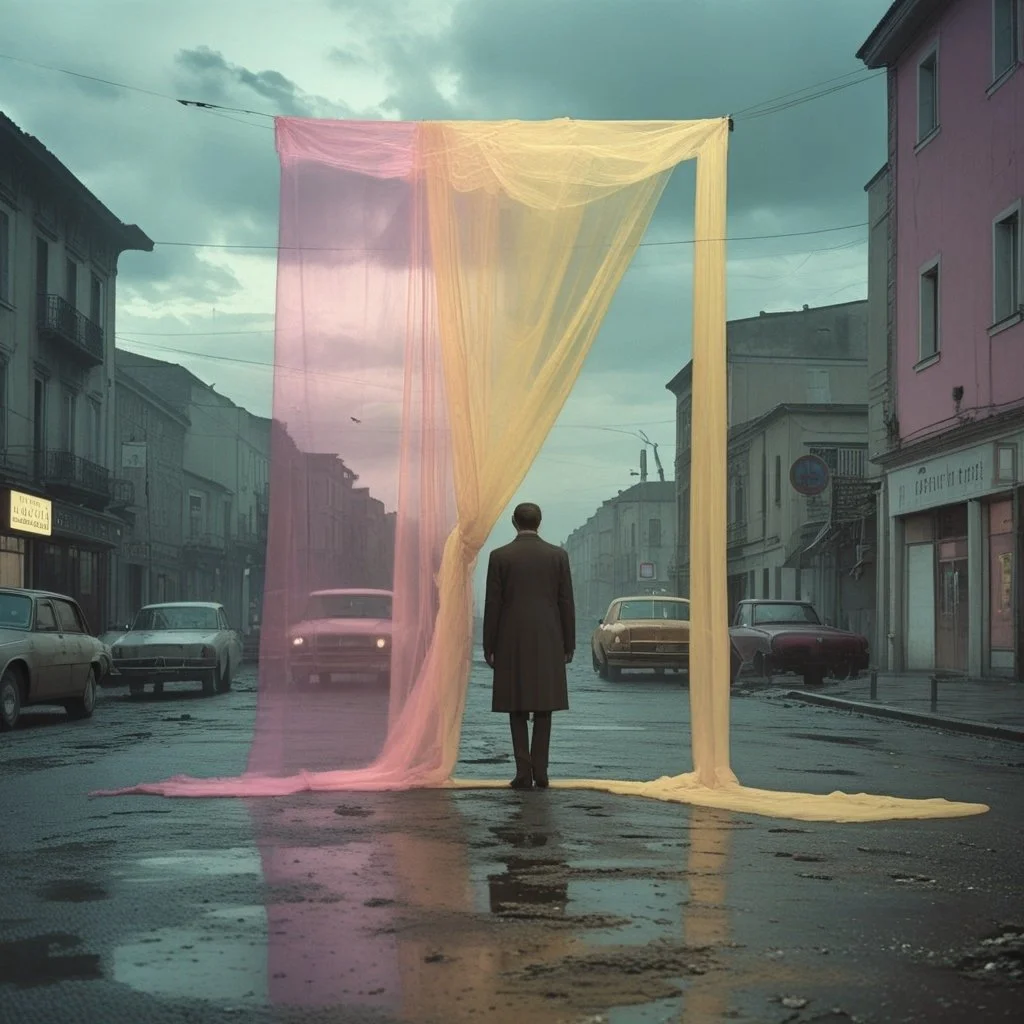 Uomo vestito in cappotto nero su una strada bagnata con edifici colorati ai lati, passando sotto una struttura formata da tessuti colorati sospesi.