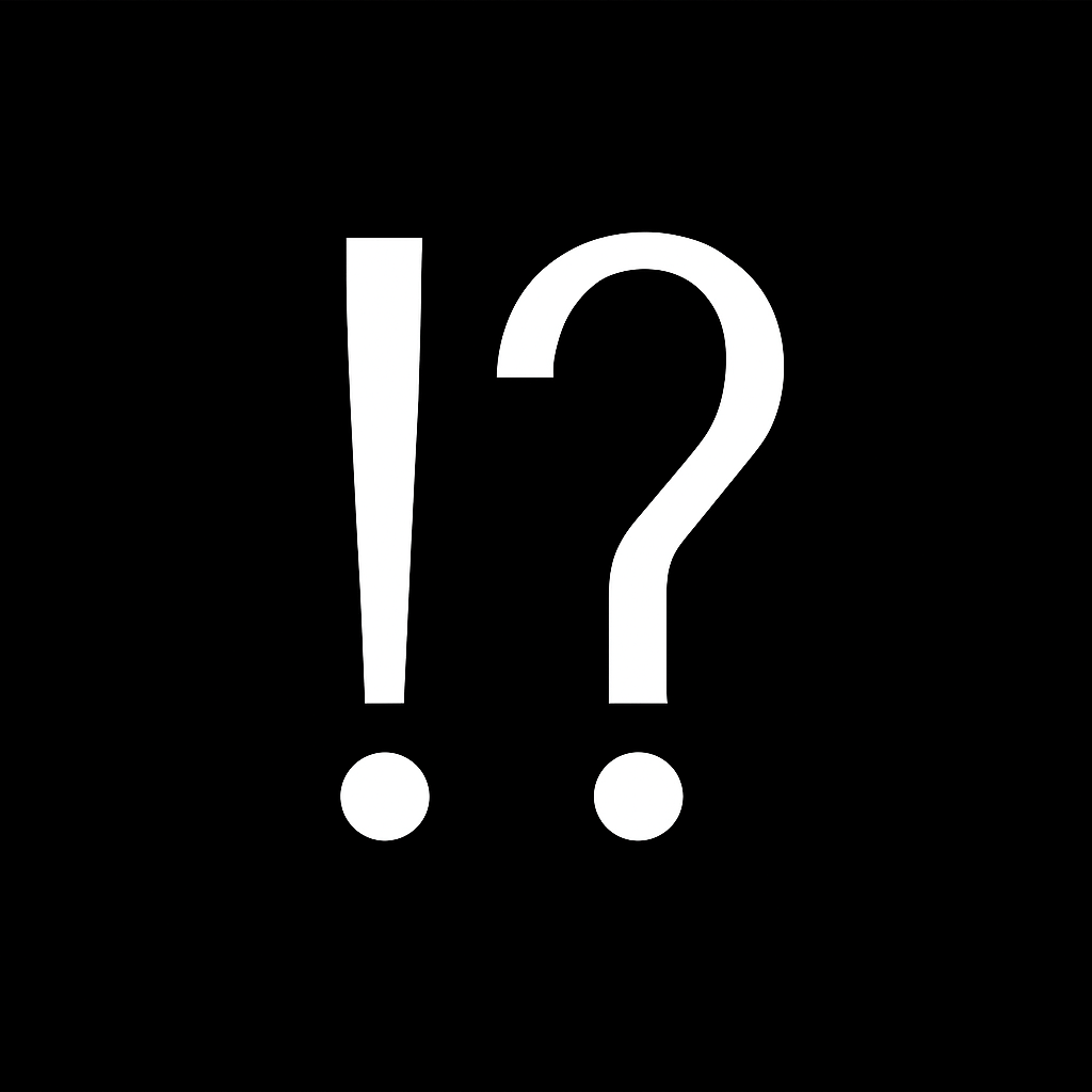 Immagine con sfondo nero e simboli di punto esclamativo e punto interrogativo bianchi centrali.