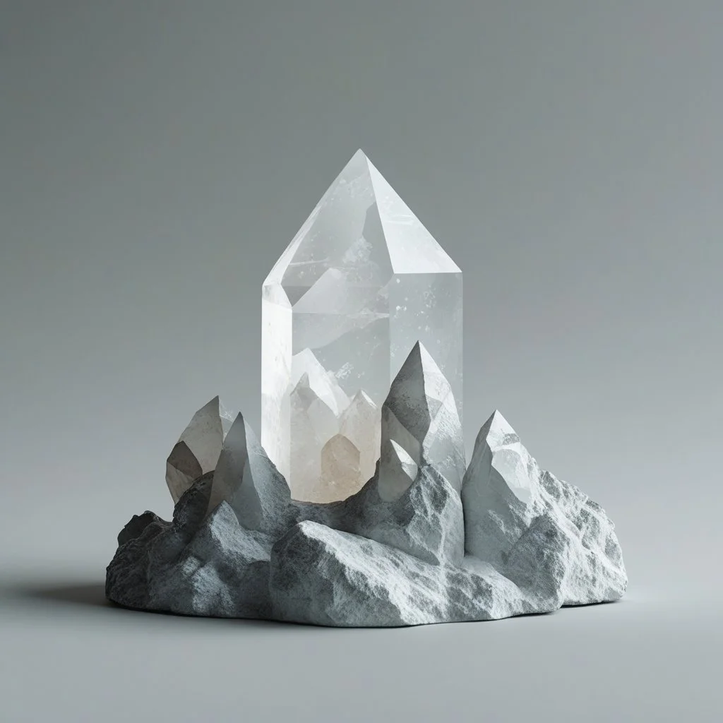 Cristallo di montagna di vetro trasparente con rocce e piccole montagne di pietra grigia alla base.