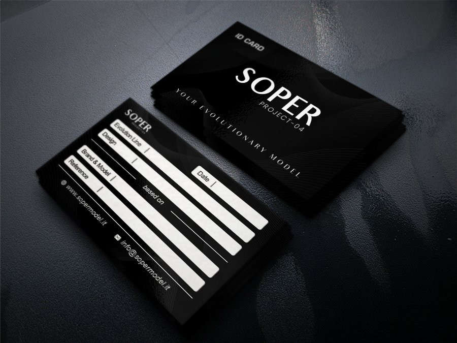 Biglietti da visita neri con dettagli bianchi e il testo 'SOPER' in evidenza, usati per rappresentare un'azienda o prodotto.