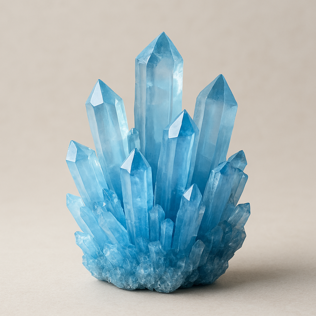 Gruppo di cristalli di quarzo blu su sfondo neutro.