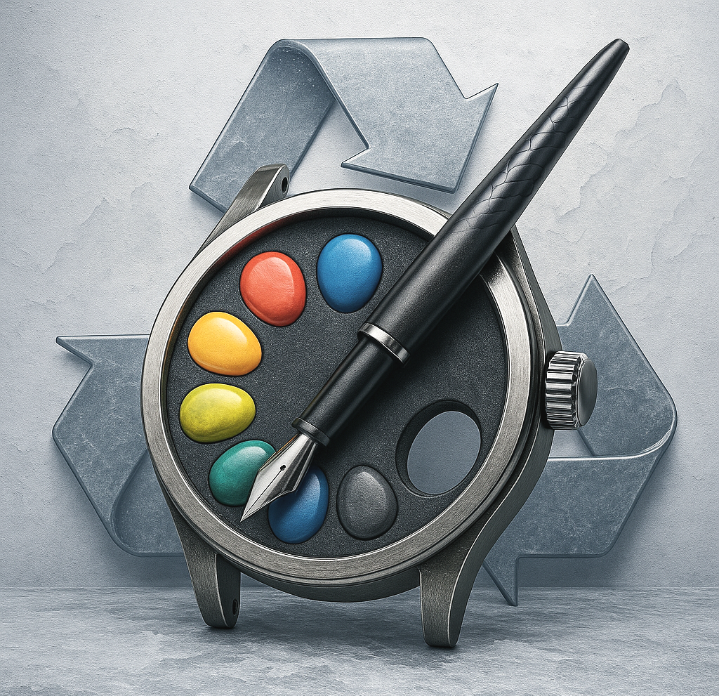 Sveglia con palette di colori e penna stilografica sopra, simbolo di creatività o pianificazione, con simboli di riciclo sullo sfondo.