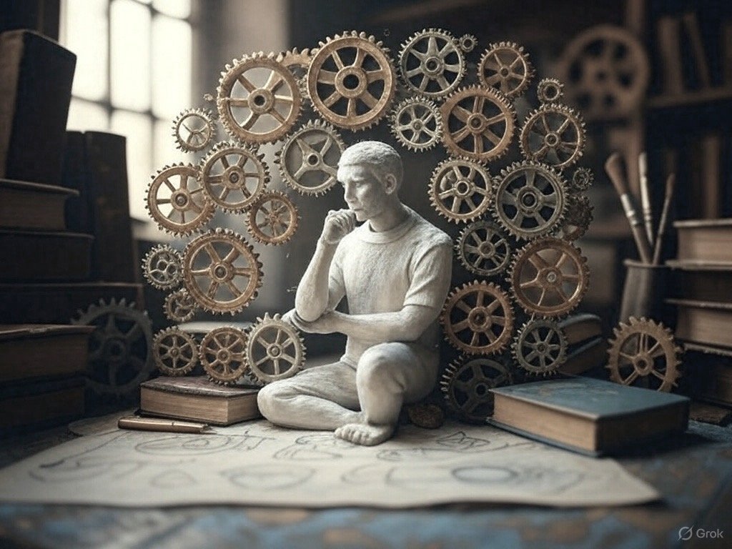 Statua di un giovane che pensa, circondata da ingranaggi e libri in una stanza.