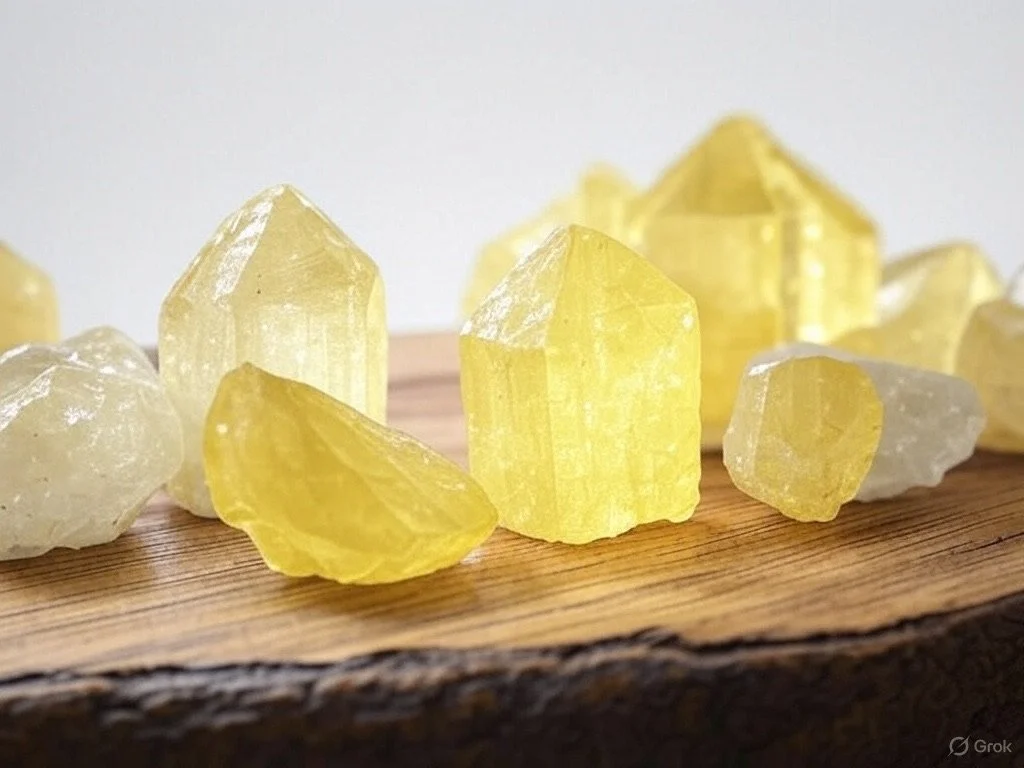 Cristalli di sale grosso ambrati e chiari posizionati su un piano di legno