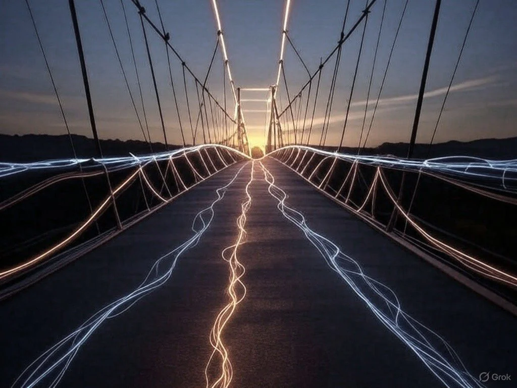 Un ponte sospeso in combinazione con effetti di illuminazione e luce, creato con tecniche di fotografia artistica e long exposure, durante il tramonto.