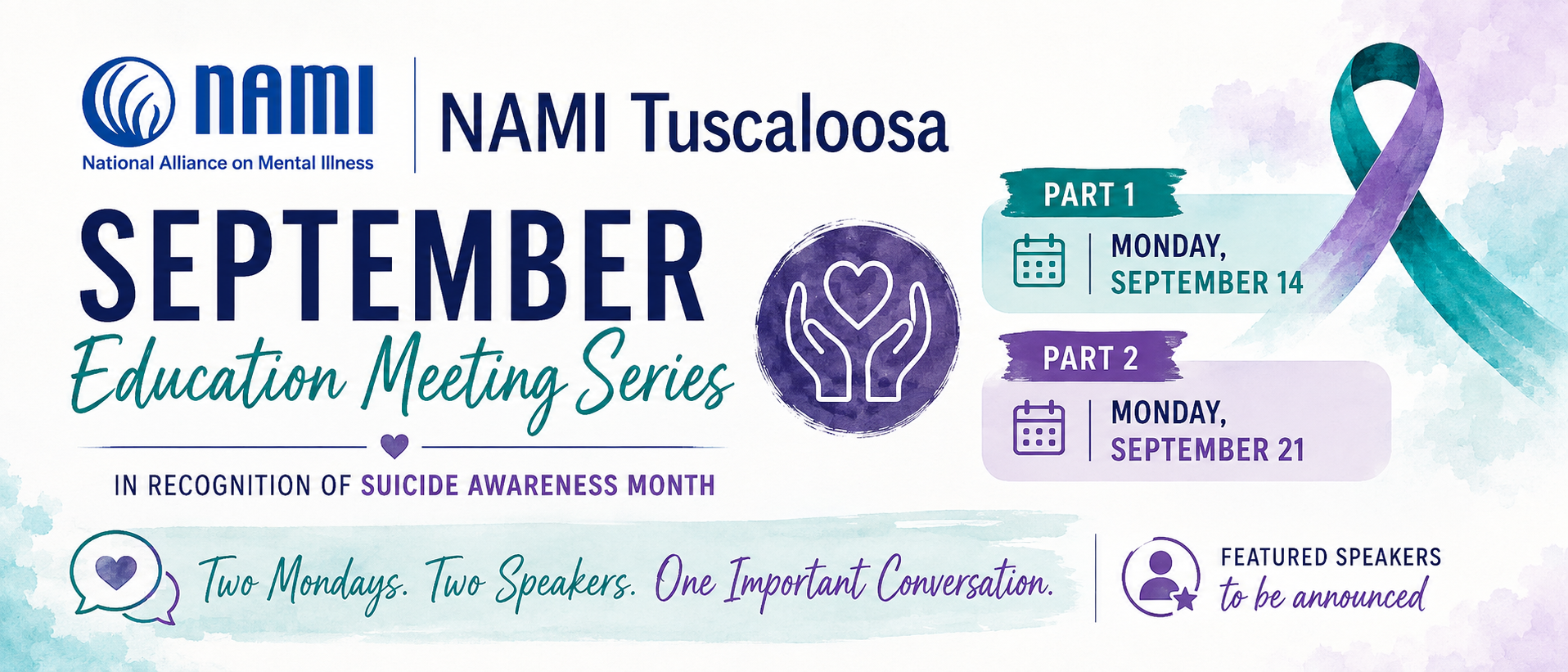 Flyer for NAMI Tuscaloosa's September Education Meeting Series, featuring dates of September 14 and 21, with purple ribbon symbol and mental health awareness theme.