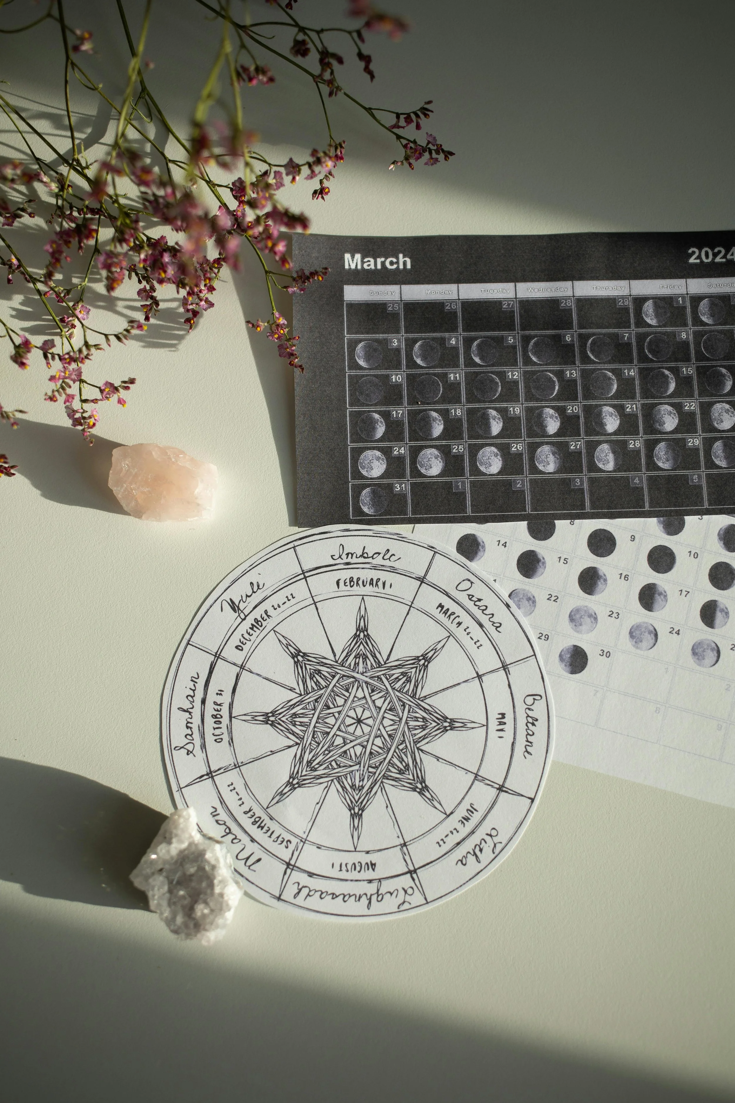 Ein Kalender für März 2024, eine astrologische Zeichnung für das Tierkreiszeichen Fische, eine Pflanze mit kleinen lila Blüten, ein rosa Kristall und ein weißer Kristall auf einem hellen Untergrund.