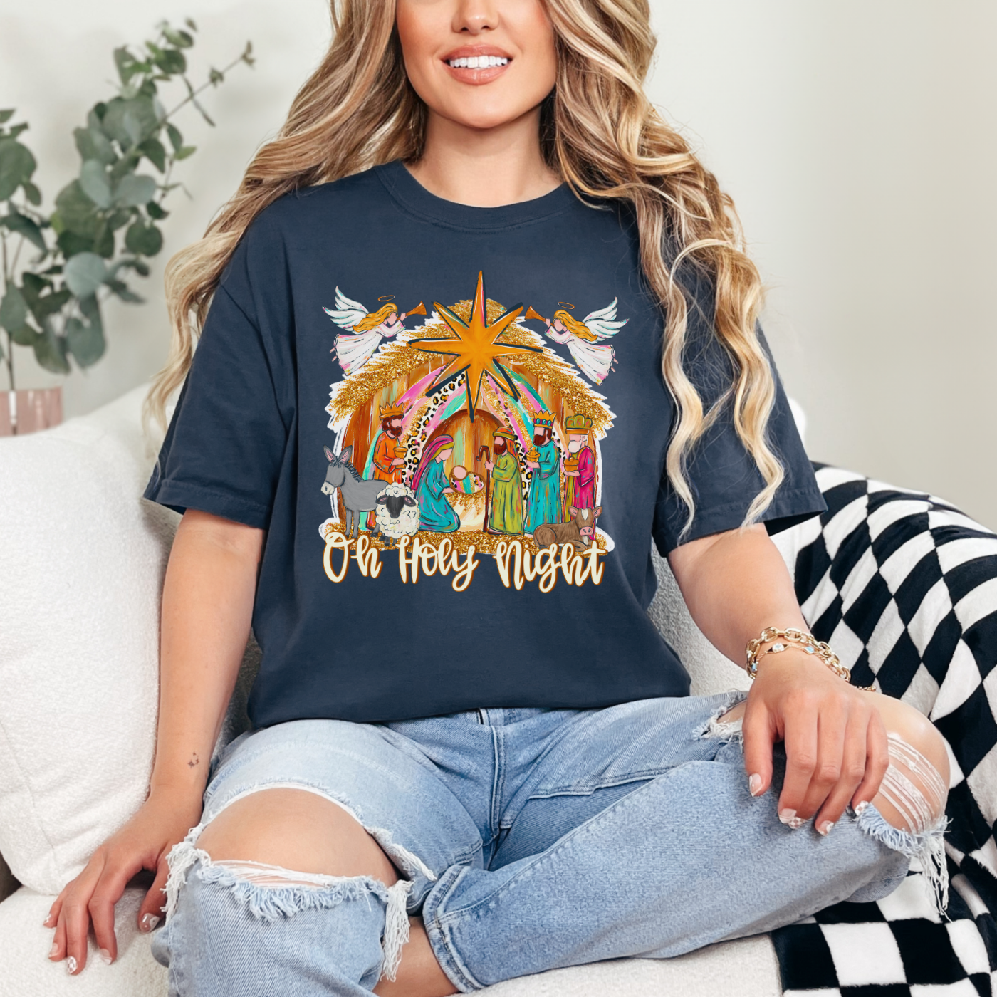 Oh Holy Night T-Shirt | Comfort Colors Vintage Nativity Tee | Christian Holiday Shirt | Distressed Heavyweight Cotton