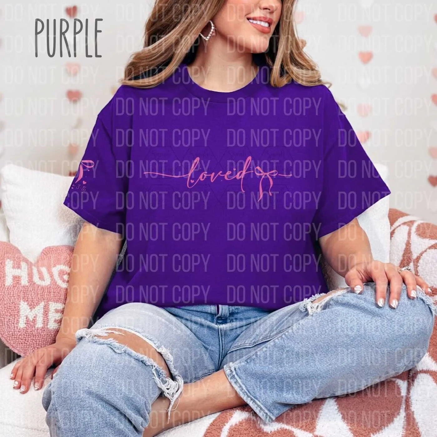 Loved John 3:16 Right Sleeve Shirt | Comfort Colors 6014 Christian Bow Tee | Coquette Aesthetic Scripture Long Sleeve | Espresso & Orchid