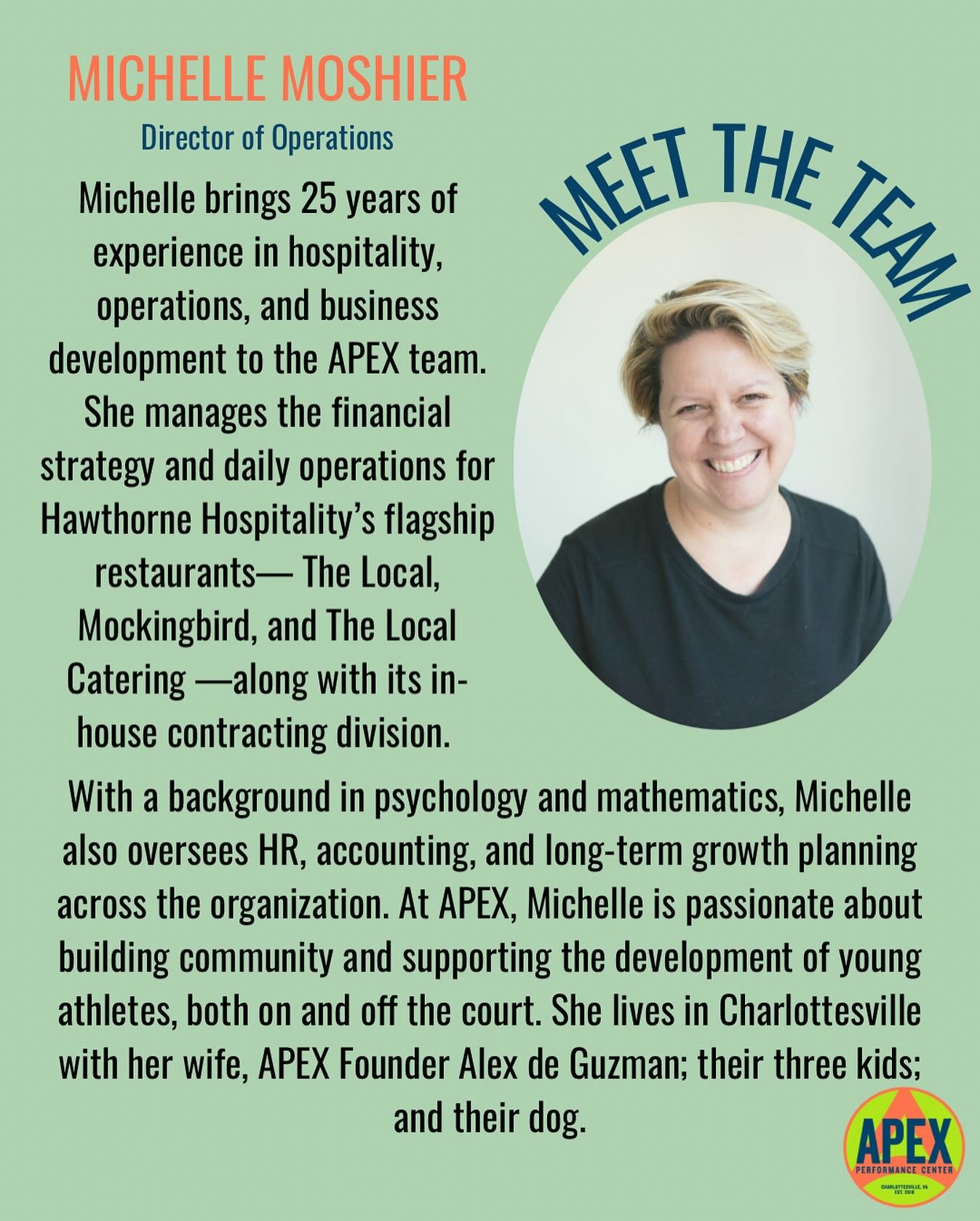 Meet the APEX team!

Next up, Michelle, APEX&rsquo;s director of operations. A natural problem-solver and creator, she loves turning big ideas into reality. In another career, she might have been an architect or engineer&mdash;though she&rsquo;s alre