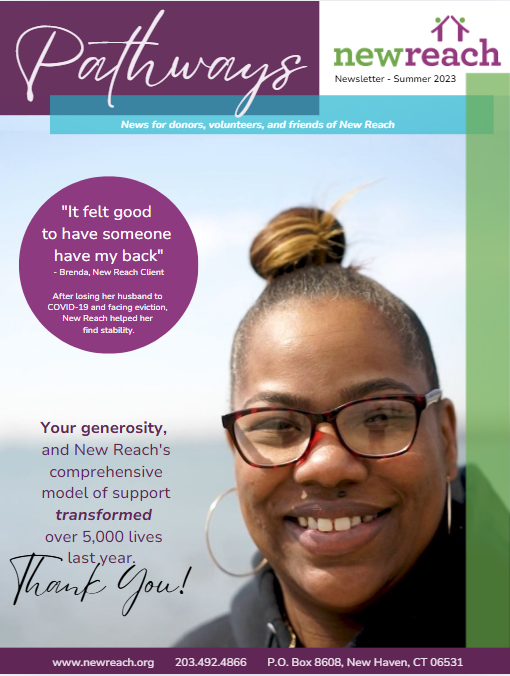 Newsletter cover for New Reach titled 'Pathways' for Summer 2023, featuring a smiling woman with glasses and a topknot hairstyle, and text expressing gratitude for support and highlighting the organization's impact.