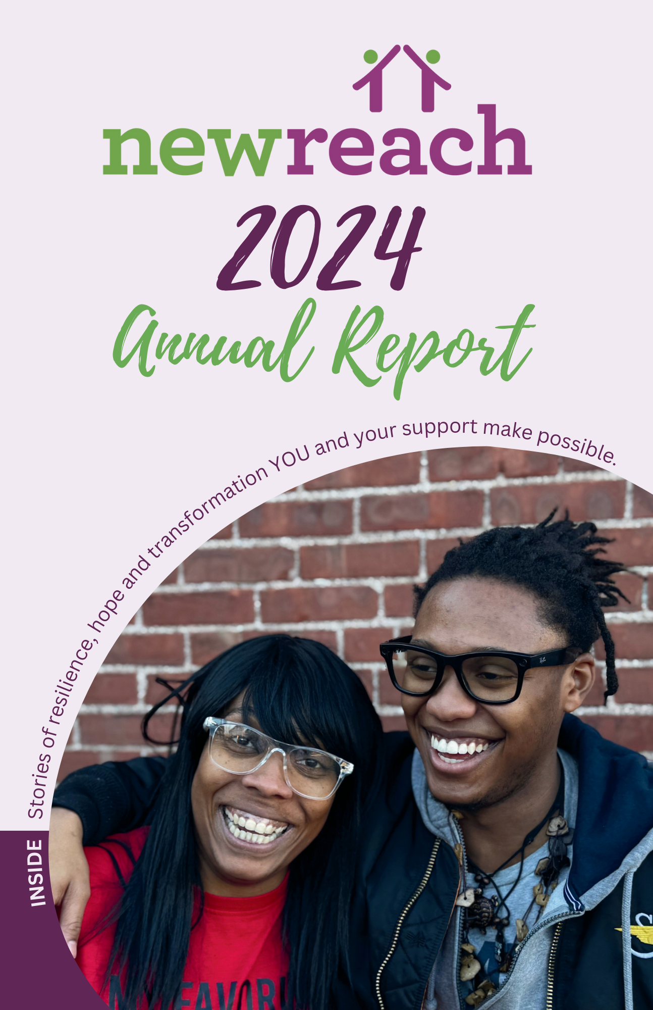 Cover of New Reach 2024 Annual Report featuring smiling Black woman and man, brick wall background, with text highlighting the report's title and theme.