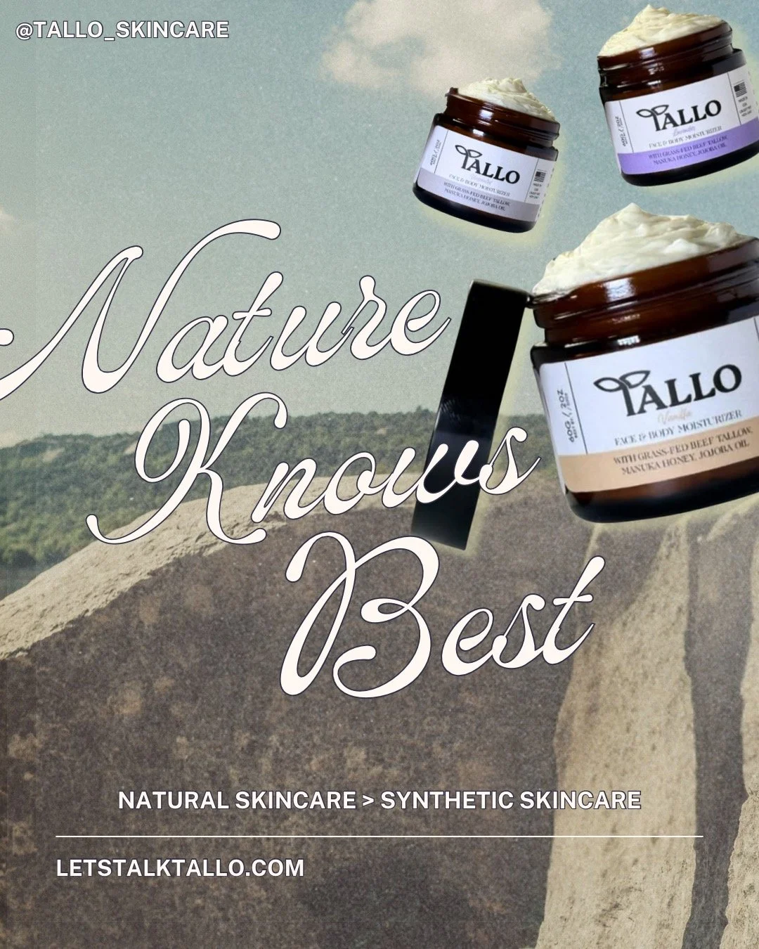 🌿 Nature really does know best. 🌿
Your skin was designed to thrive on simple, recognizable ingredients, not lab-made fillers. That&rsquo;s why we keep it real with:
✨ Grass-fed beef tallow
✨ Manuka honey
✨ Organic beeswax
✨ Organic jojoba oil
The r