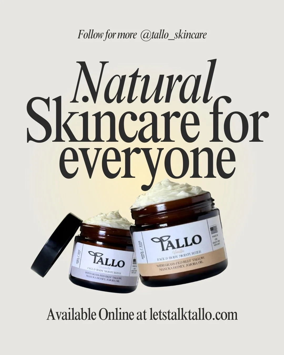 Natural skincare. No fluff. Just results. 🌿
At @tallo_skincare, we craft every jar with ingredients that actually nourish, no synthetics, no nonsense.
Made with grass-fed beef tallow, organic beeswax, organic manuka honey, and organic jojoba oil, ou