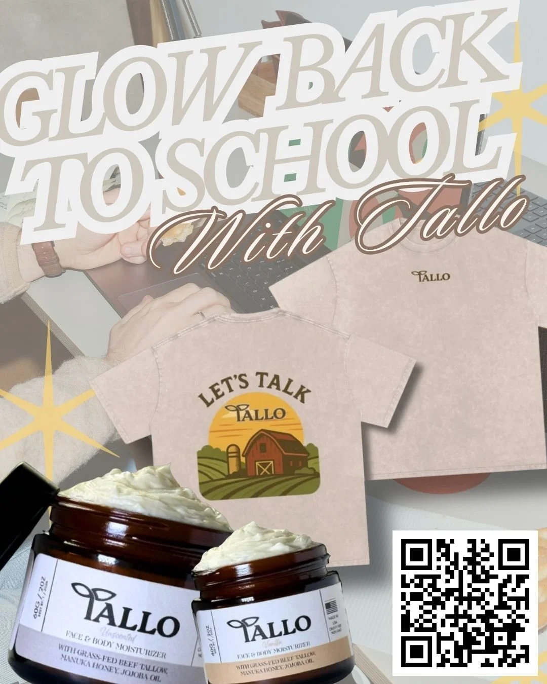 ✨Glow Back to School ✨
Fresh notebooks, sharpened pencils, and your Tallo glow. 💫
Keep your skin nourished and classroom-ready with our all-natural face + body moisturizer. 🍎📚
Scan the QR code or check out letstalktallo.com to stock up before the 