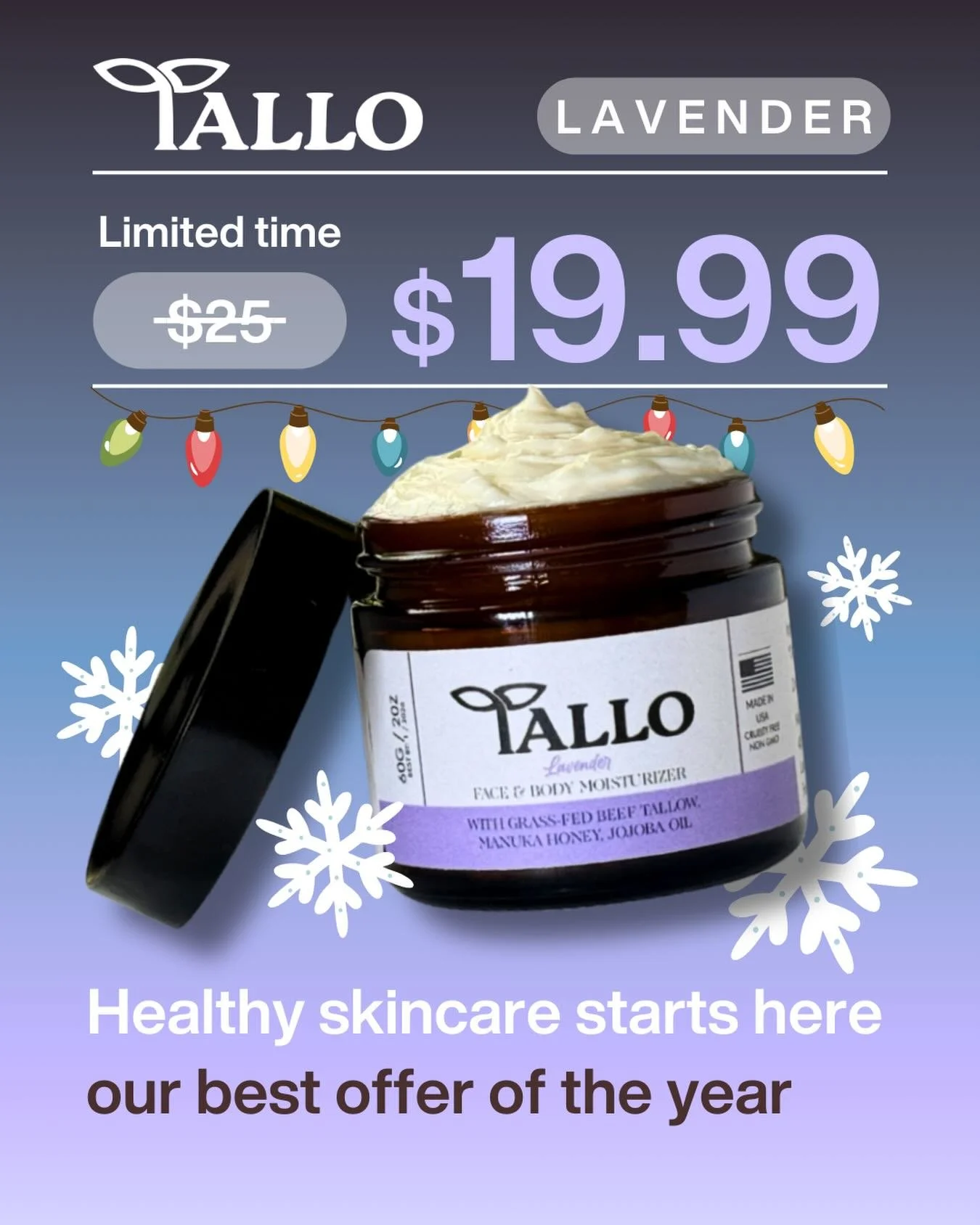 This Cyber Monday, thank you for shopping small.
Your favorite Lavender moisturizer is now linked + discounted. Every order helps our small business grow.

🎄 Cyber Monday Bonus: Enjoy FREE shipping on orders over $50 &mdash; automatically applied at