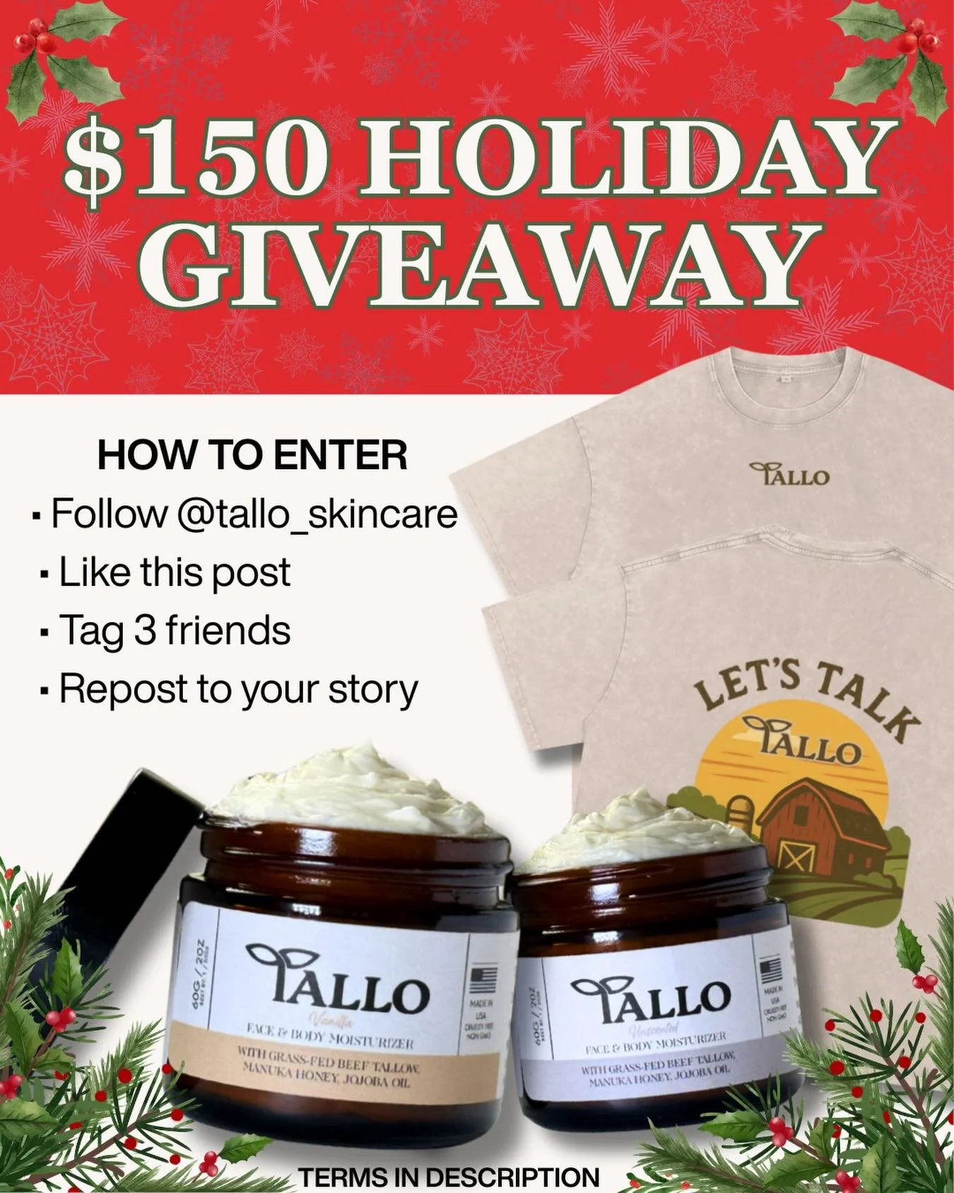 🎄 $150 TALLO HOLIDAY GIVEAWAY 🎁

We&rsquo;re giving one winner $150 in Tallo store credit to stock up on your favorite moisturizers this winter. Treat yourself &mdash; or gift it to someone who needs healthy, glowing skin this season.

HOW TO ENTER