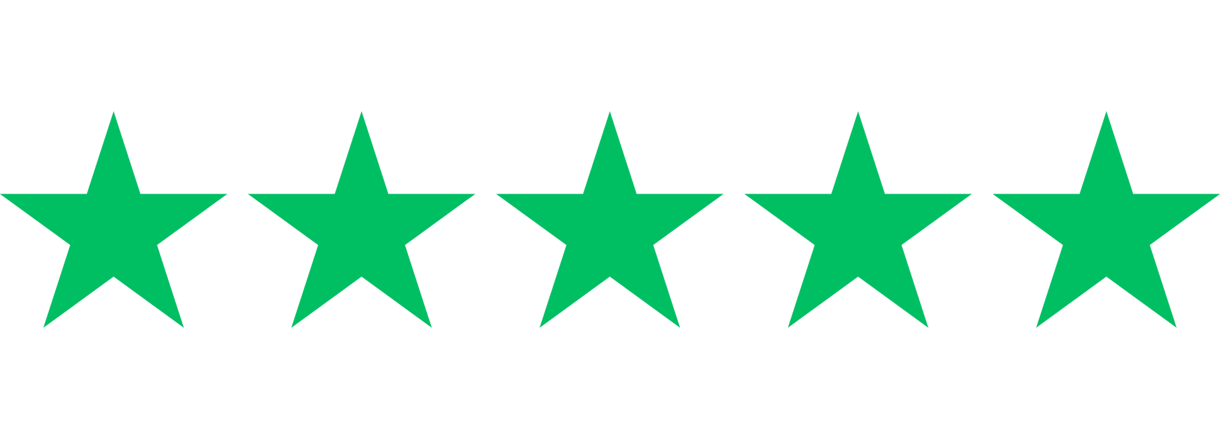 Five green stars in a horizontal row on a black background.