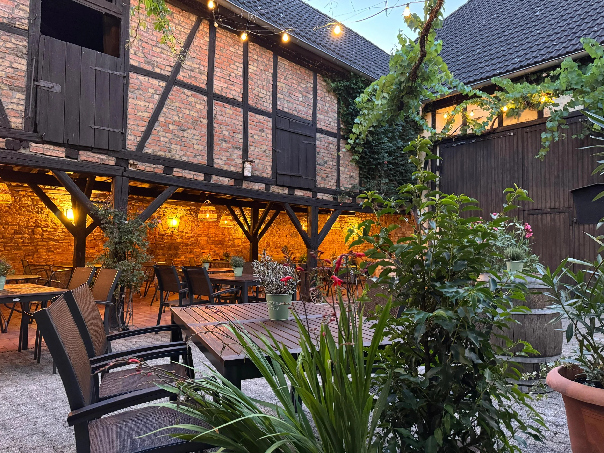 Ein gemütlicher Innenhof eines Restaurants mit Tischen, Stühlen, vielen Pflanzen, warmen Lichtern und einem Fachwerkhaus im Hintergrund bei Dämmerung.