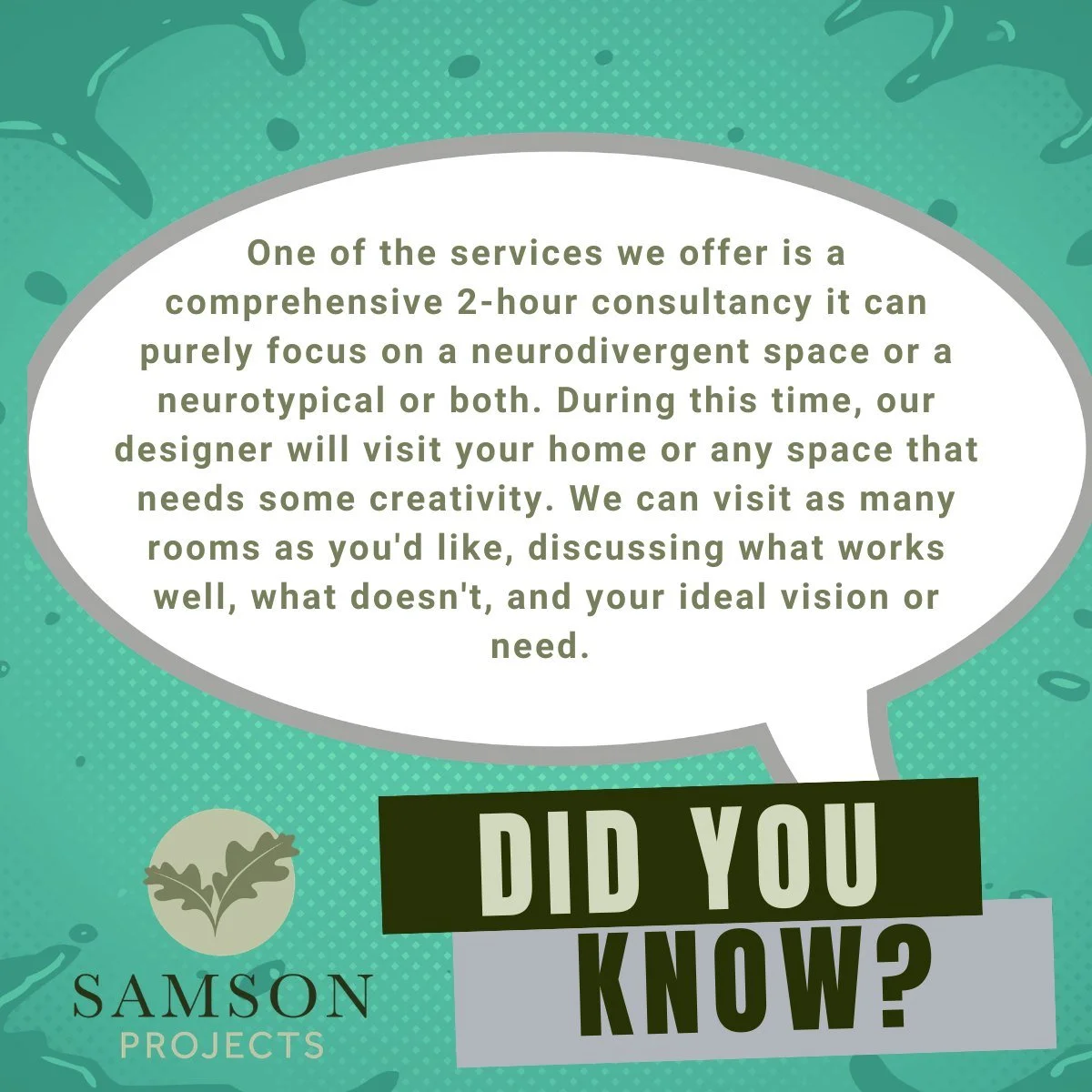 Rethink Your Space with a 2-Hour Consultancy

One of the services we offer is a comprehensive 2-hour consultancy it can purely focus on a neurodivergent space or a neurotypical or both. During this time, our designer will visit your home or any space