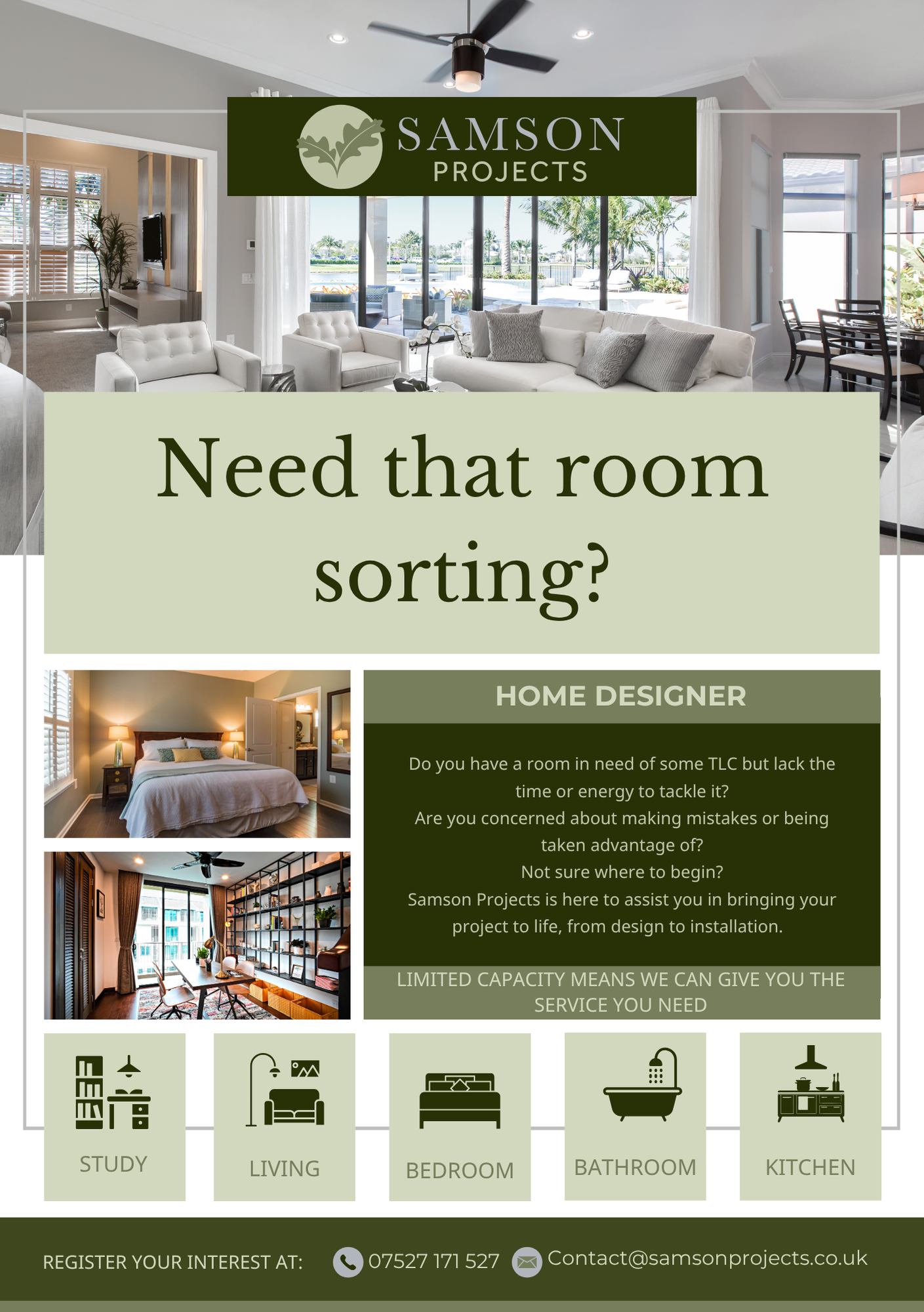 Flyer for Samson Projects offering room organization and design services, with images of a living room, bedroom, and office space.