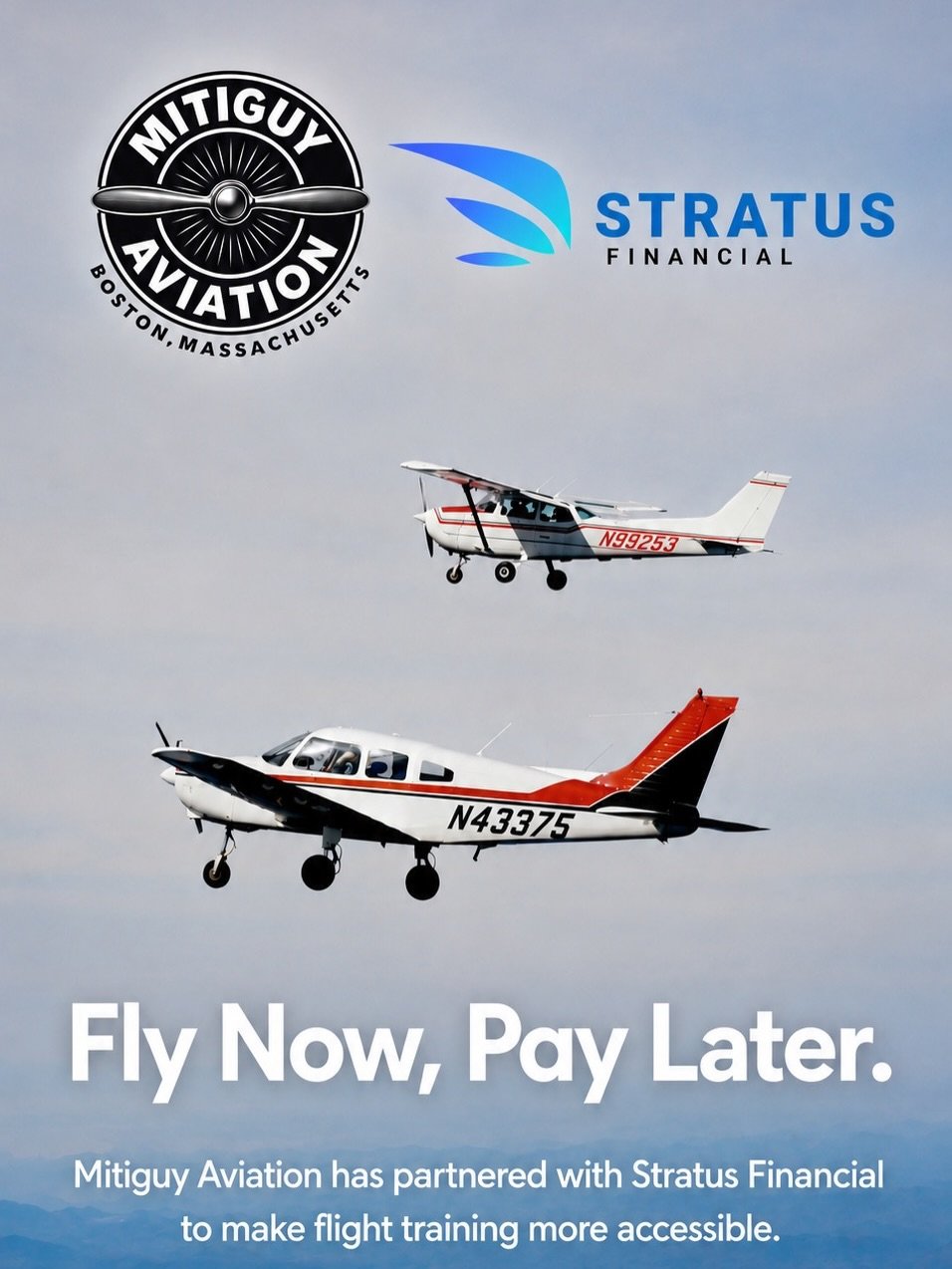 Mitiguy Aviation is excited to announce our partnership with @stratus.financial to help future pilots turn their aviation dreams into reality. 

Through flexible financing options, including deferred payment plans, aspiring pilots can focus on their 